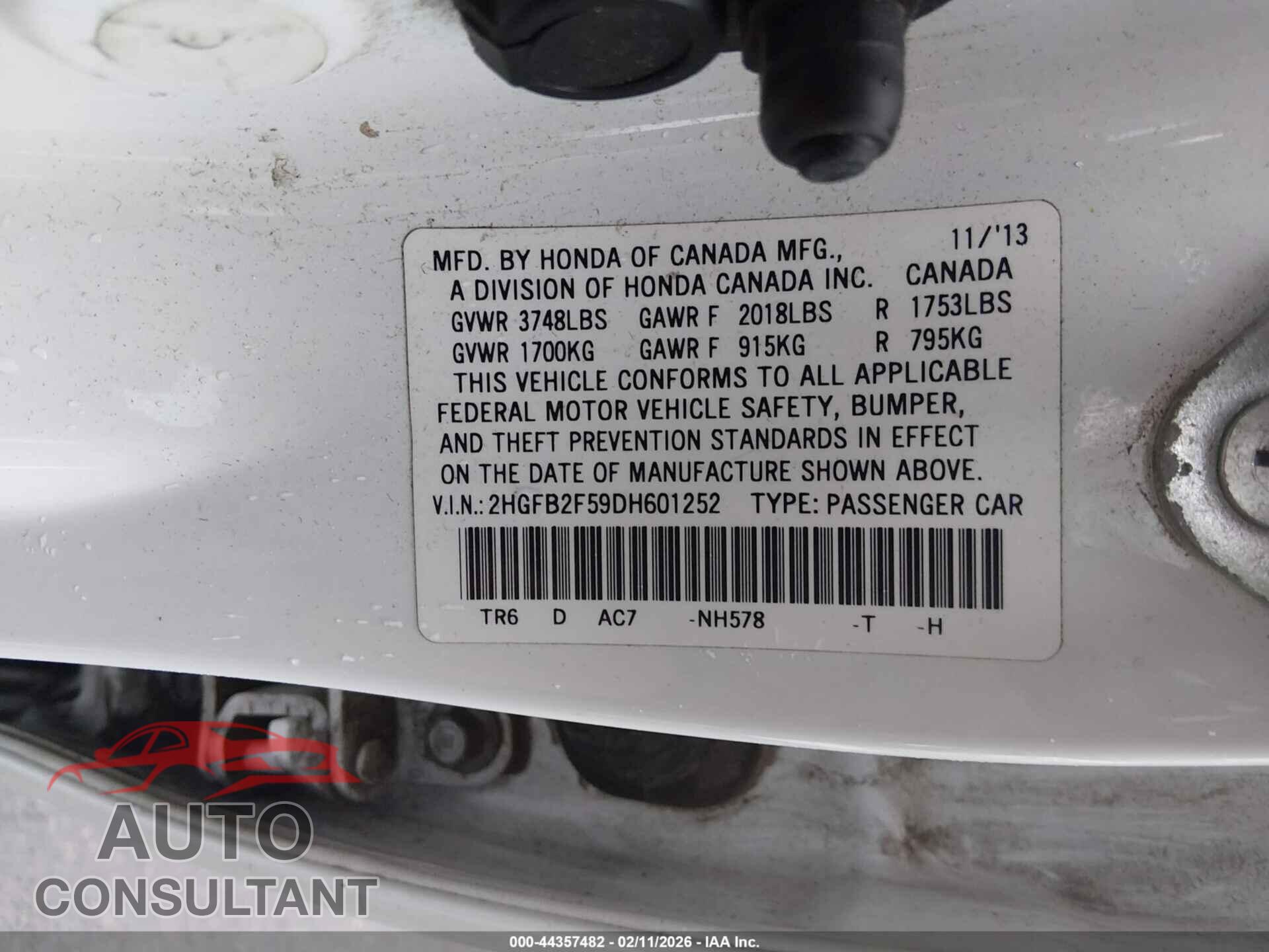 HONDA CIVIC 2013 - 2HGFB2F59DH601252