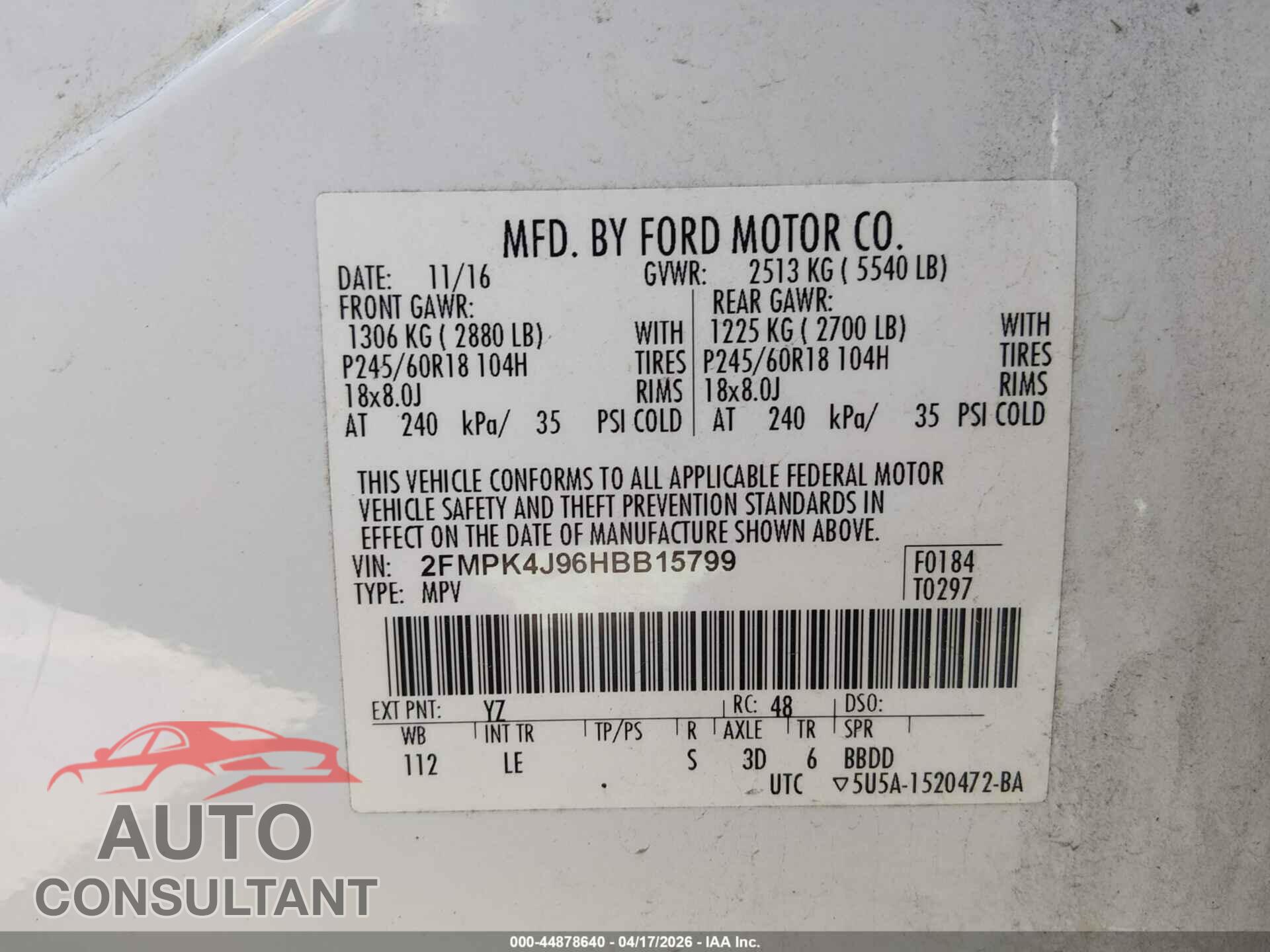 FORD EDGE 2017 - 2FMPK4J96HBB15799