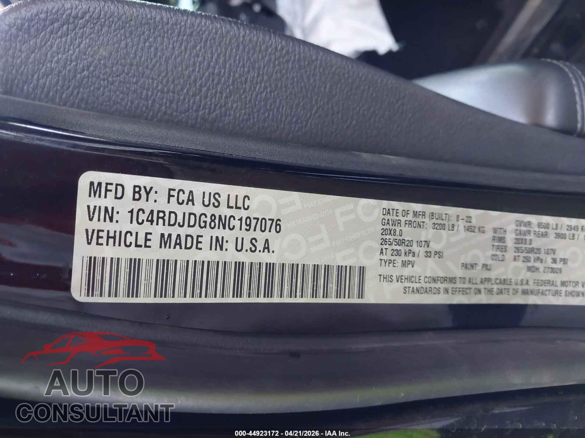 DODGE DURANGO 2022 - 1C4RDJDG8NC197076