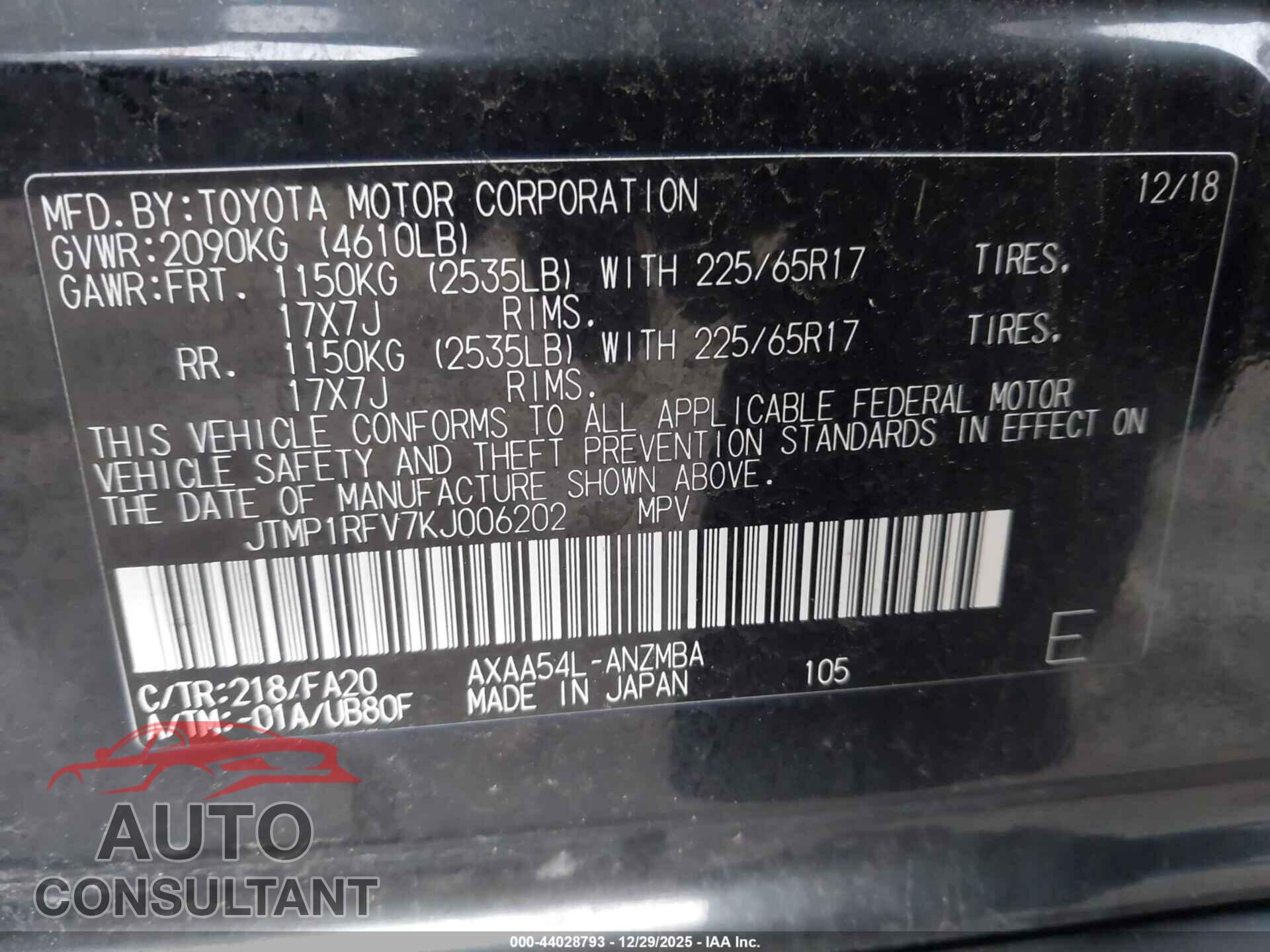 TOYOTA RAV4 2019 - JTMP1RFV7KJ006202