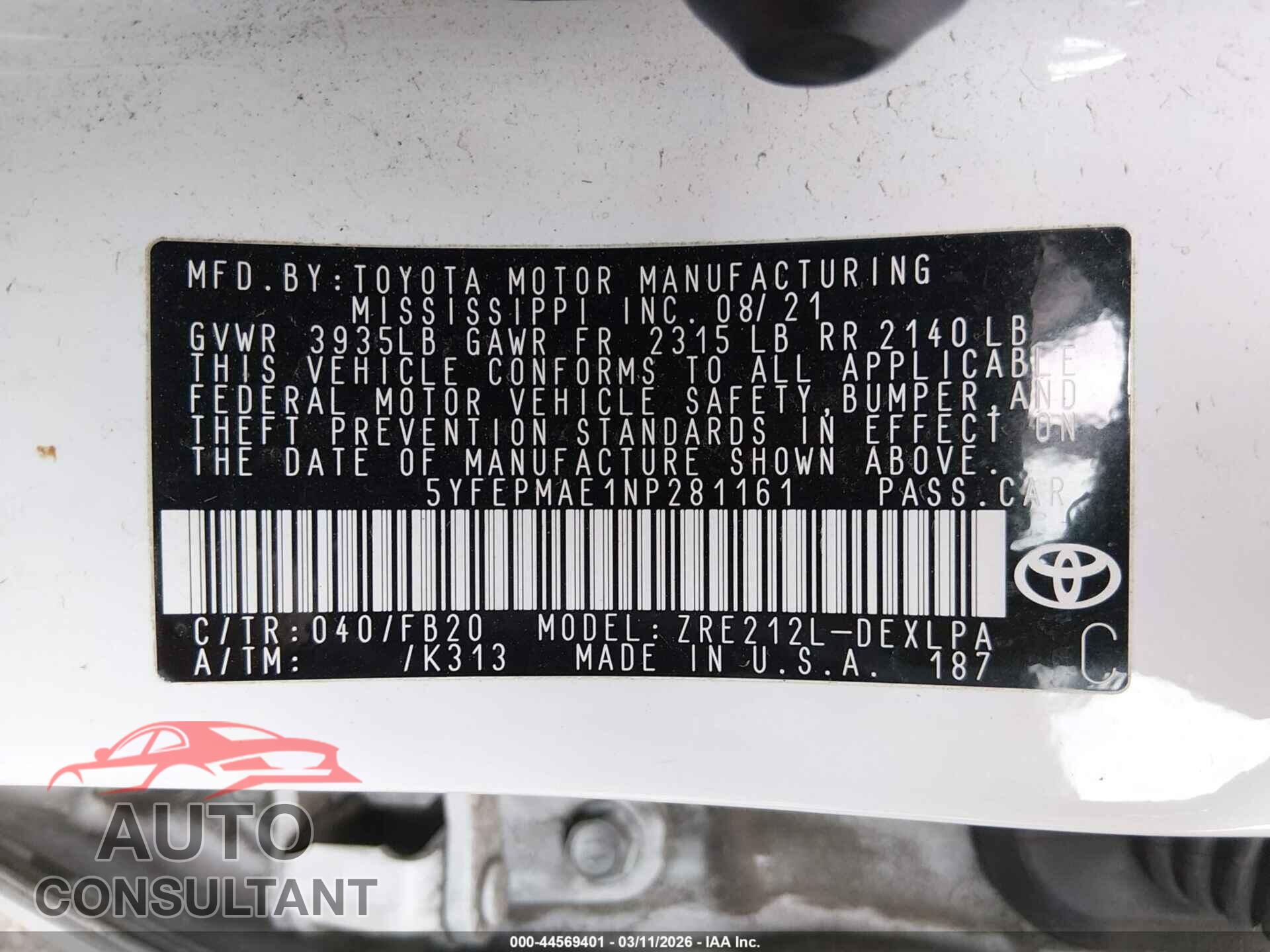 TOYOTA COROLLA 2022 - 5YFEPMAE1NP281161