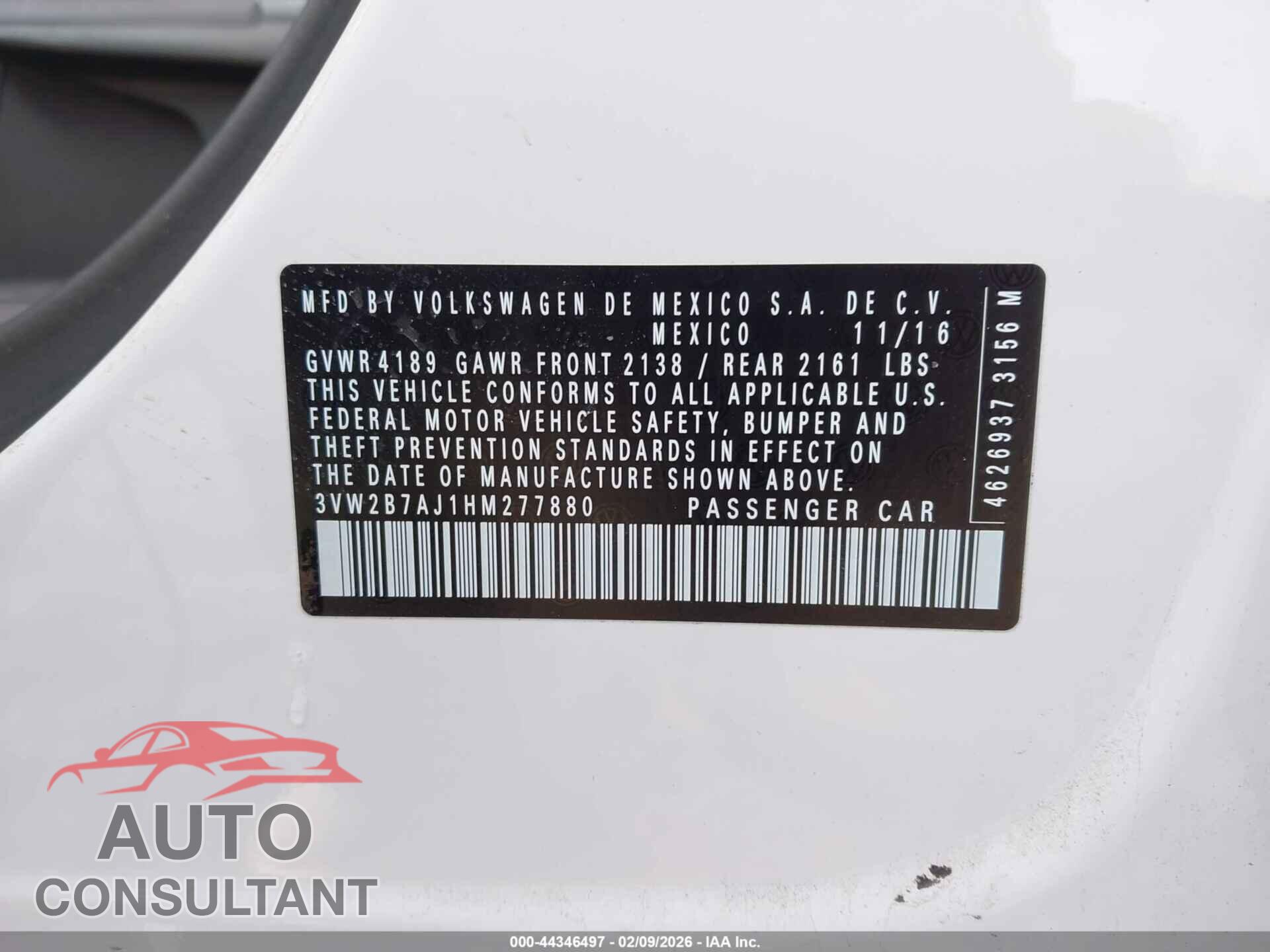 VOLKSWAGEN JETTA 2017 - 3VW2B7AJ1HM277880