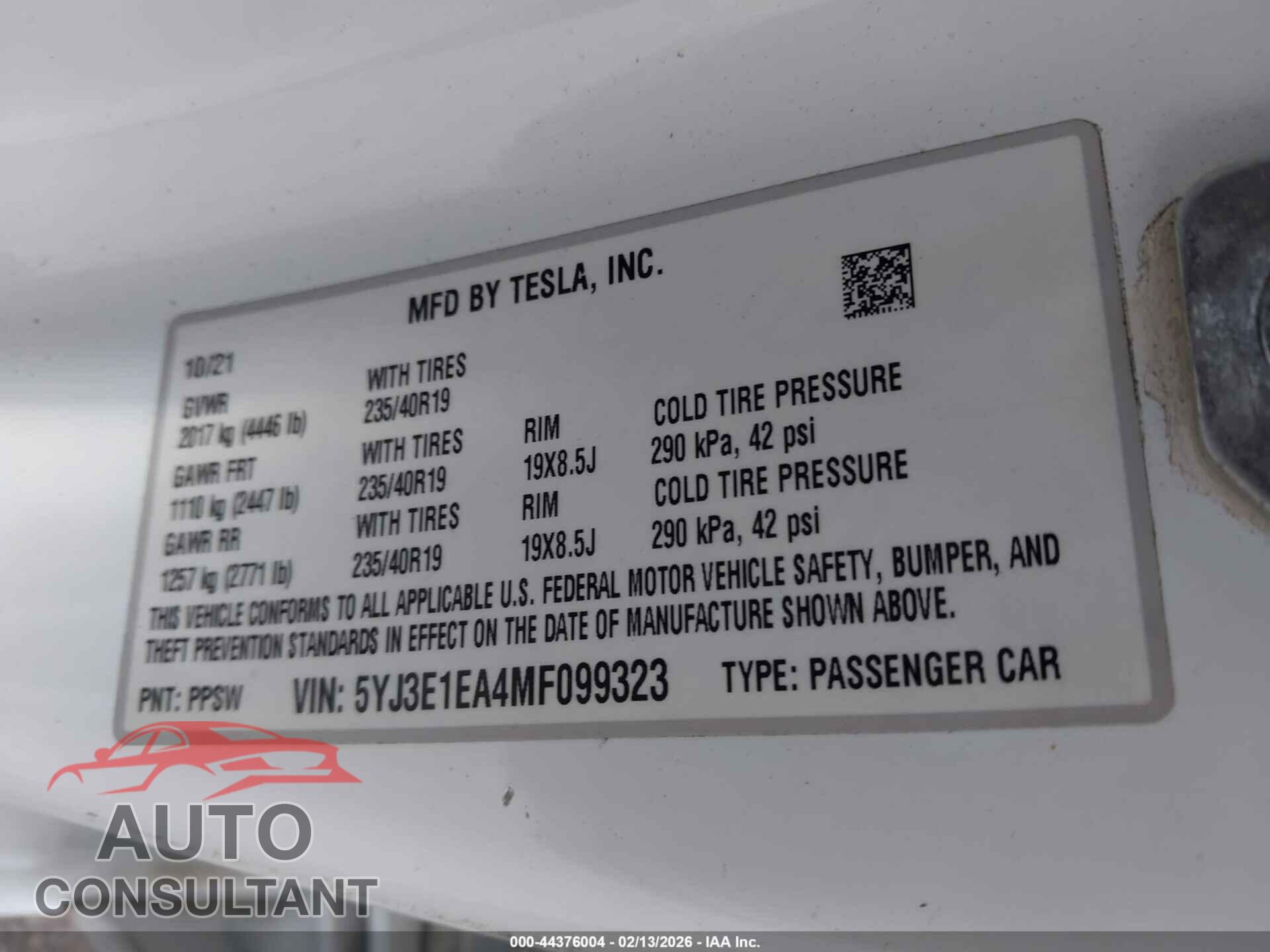 TESLA MODEL 3 2021 - 5YJ3E1EA4MF099323