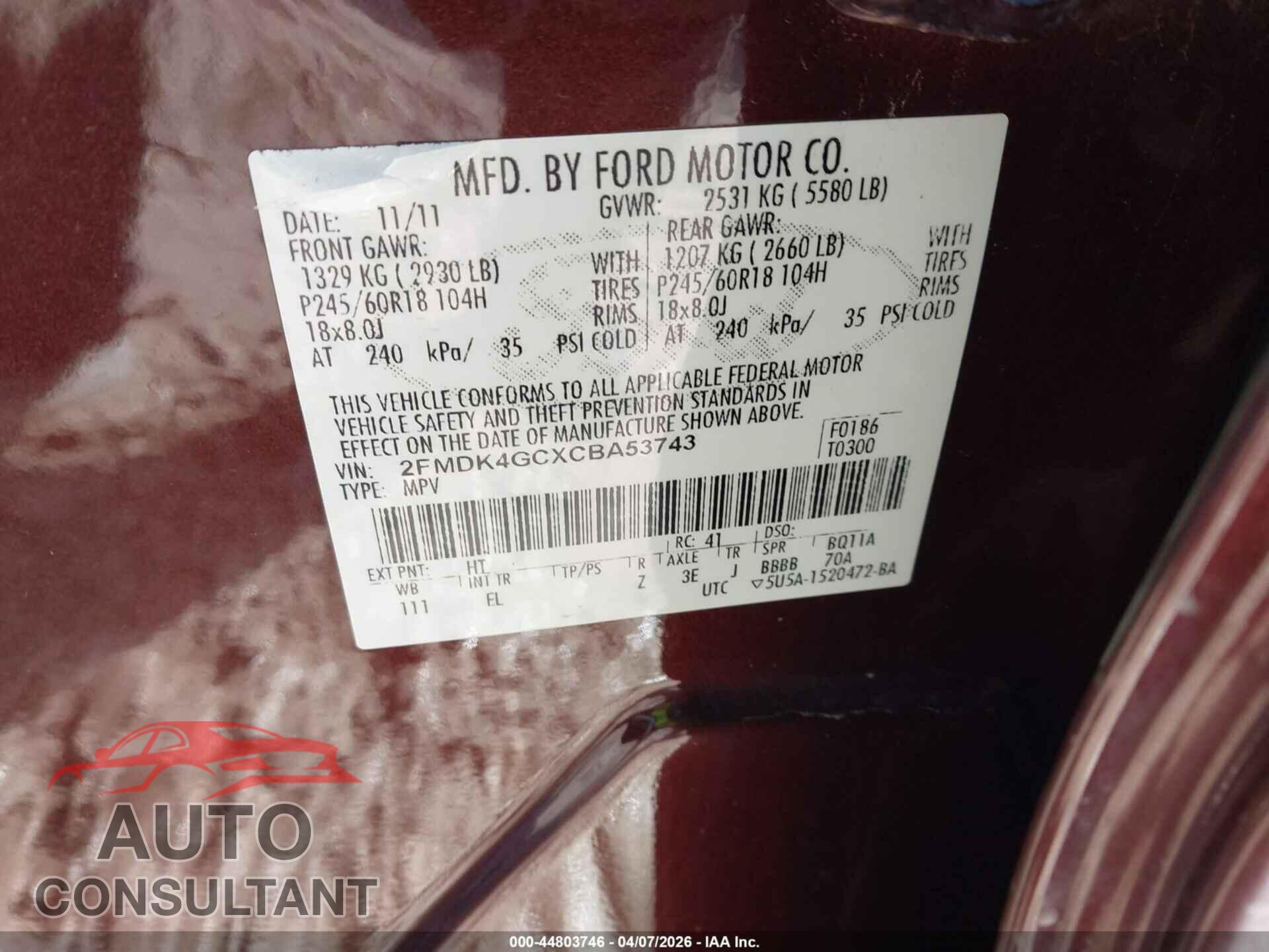 FORD EDGE 2012 - 2FMDK4GCXCBA53743