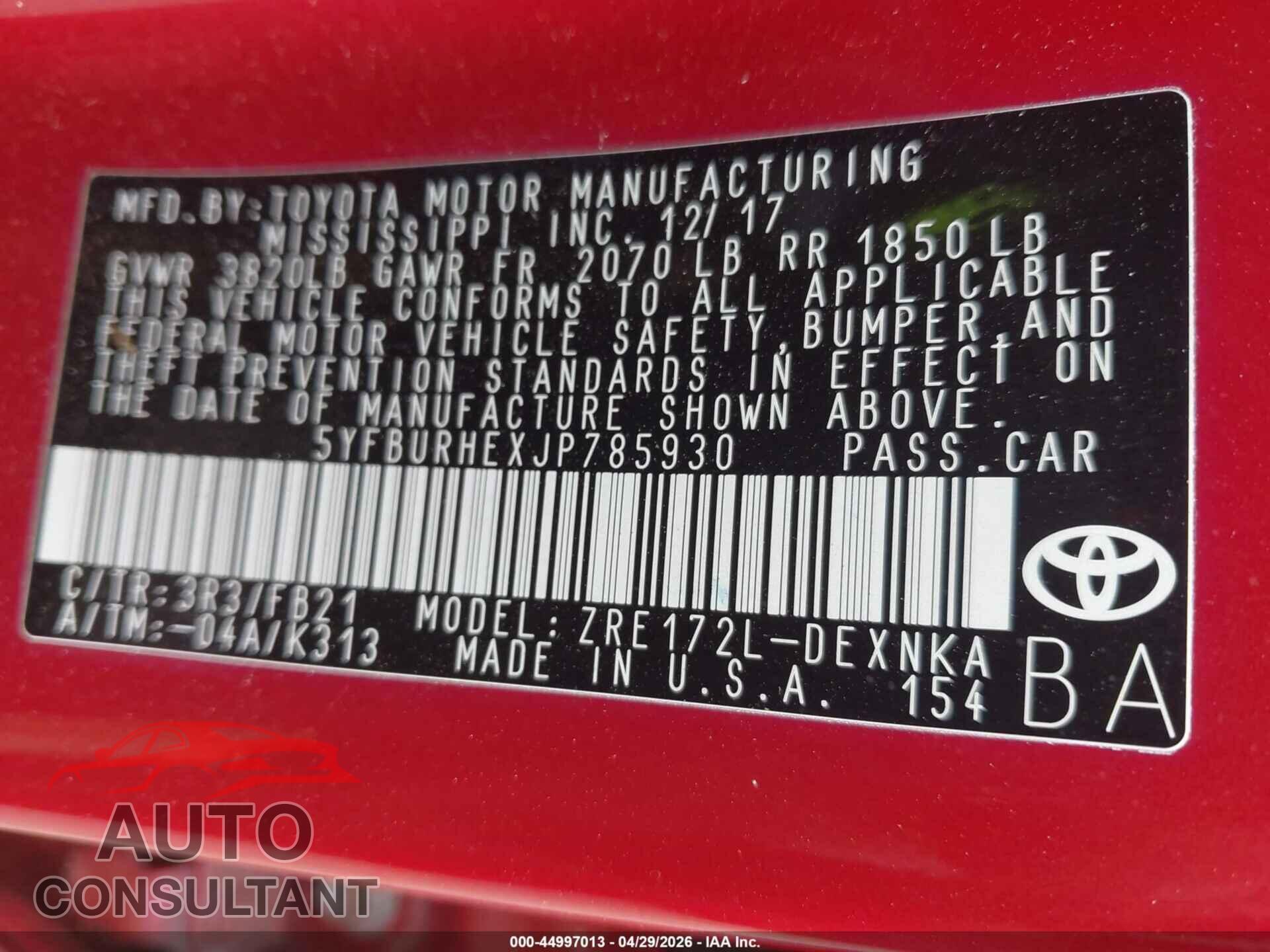 TOYOTA COROLLA 2018 - 5YFBURHEXJP785930