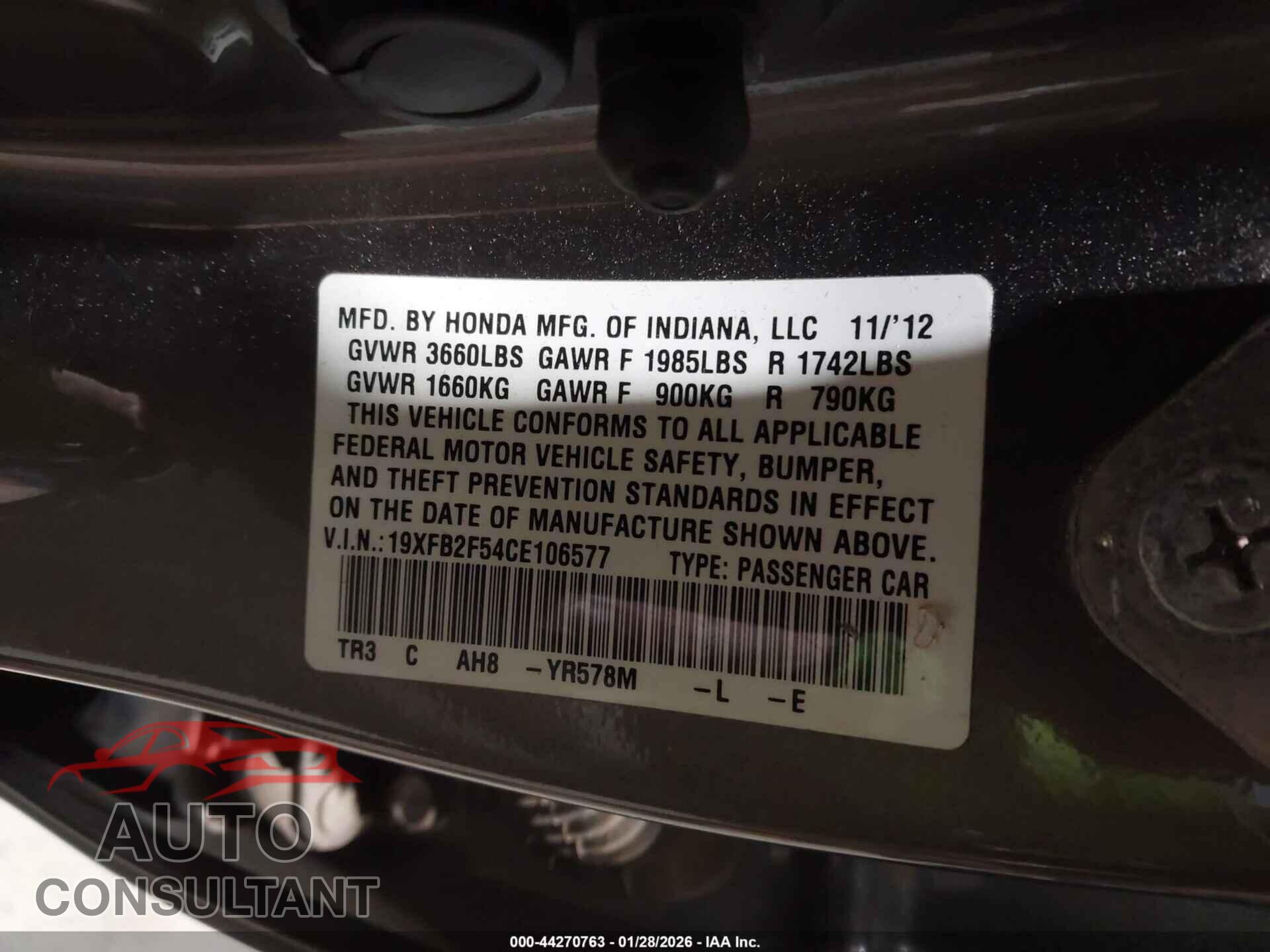 HONDA CIVIC 2012 - 19XFB2F54CE106577