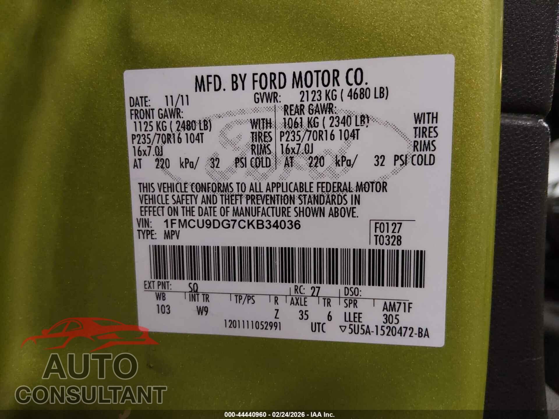 FORD ESCAPE 2012 - 1FMCU9DG7CKB34036