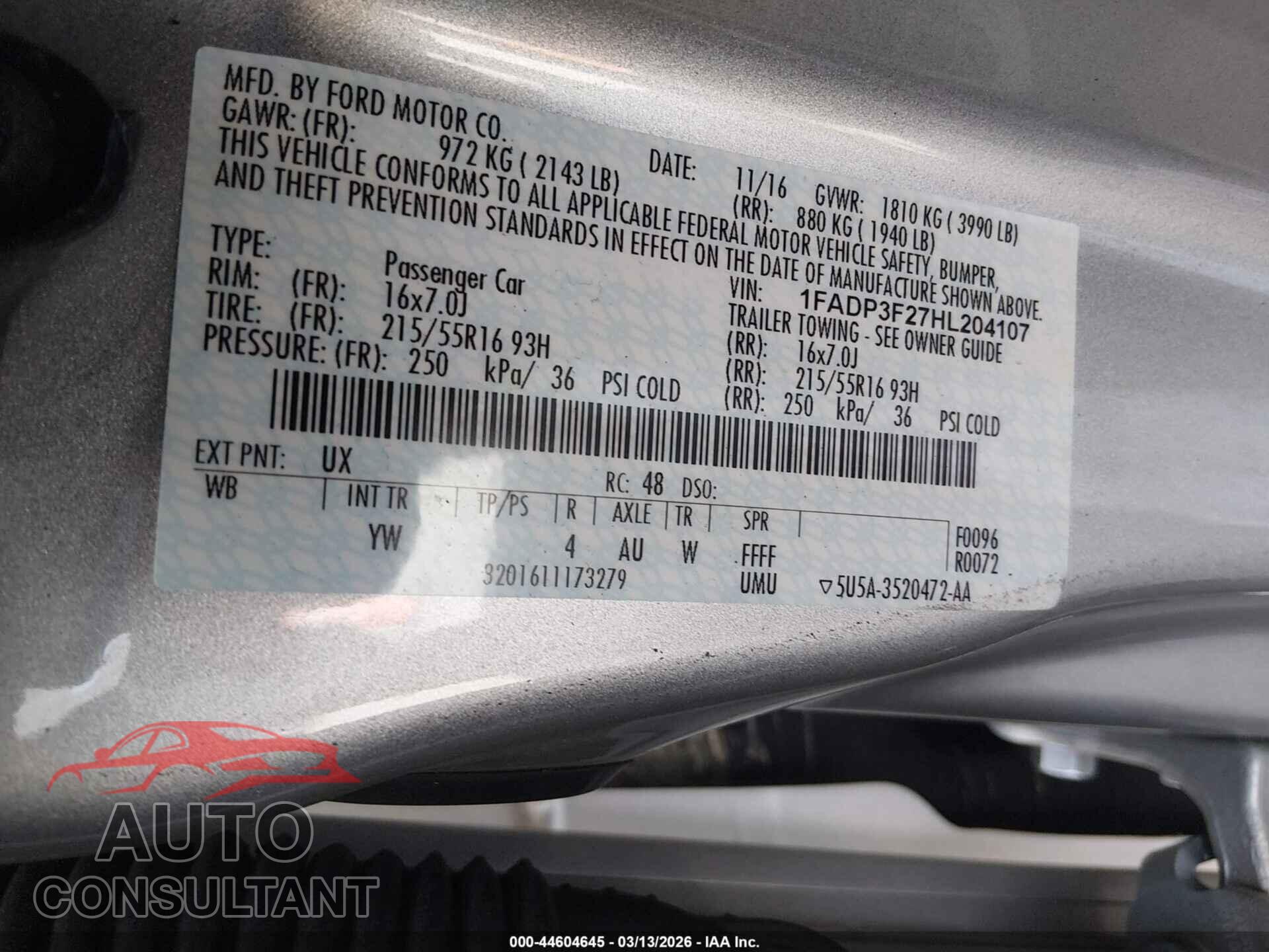 FORD FOCUS 2017 - 1FADP3F27HL204107