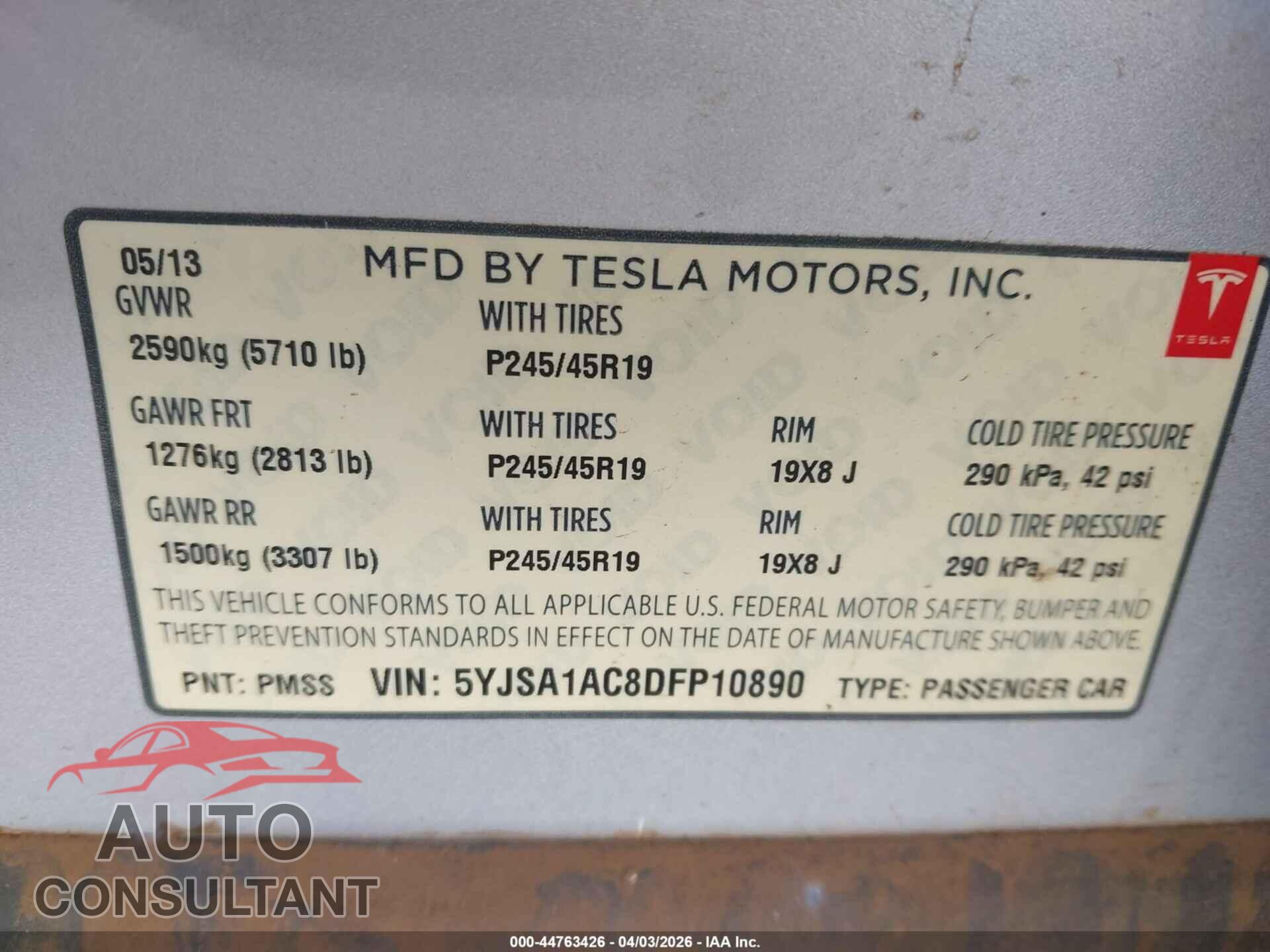 TESLA MODEL S 2013 - 5YJSA1AC8DFP10890