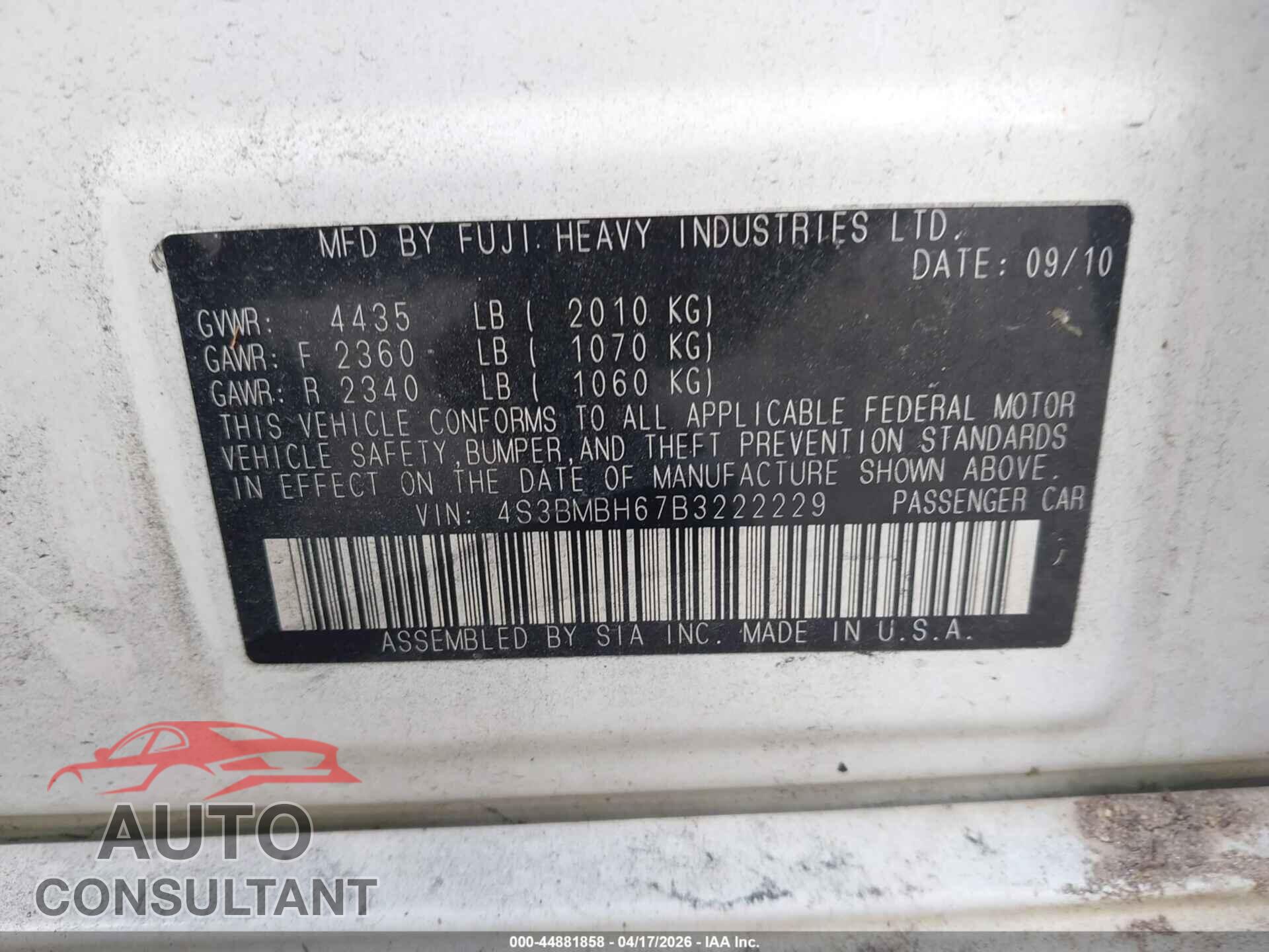 SUBARU LEGACY 2011 - 4S3BMBH67B3222229