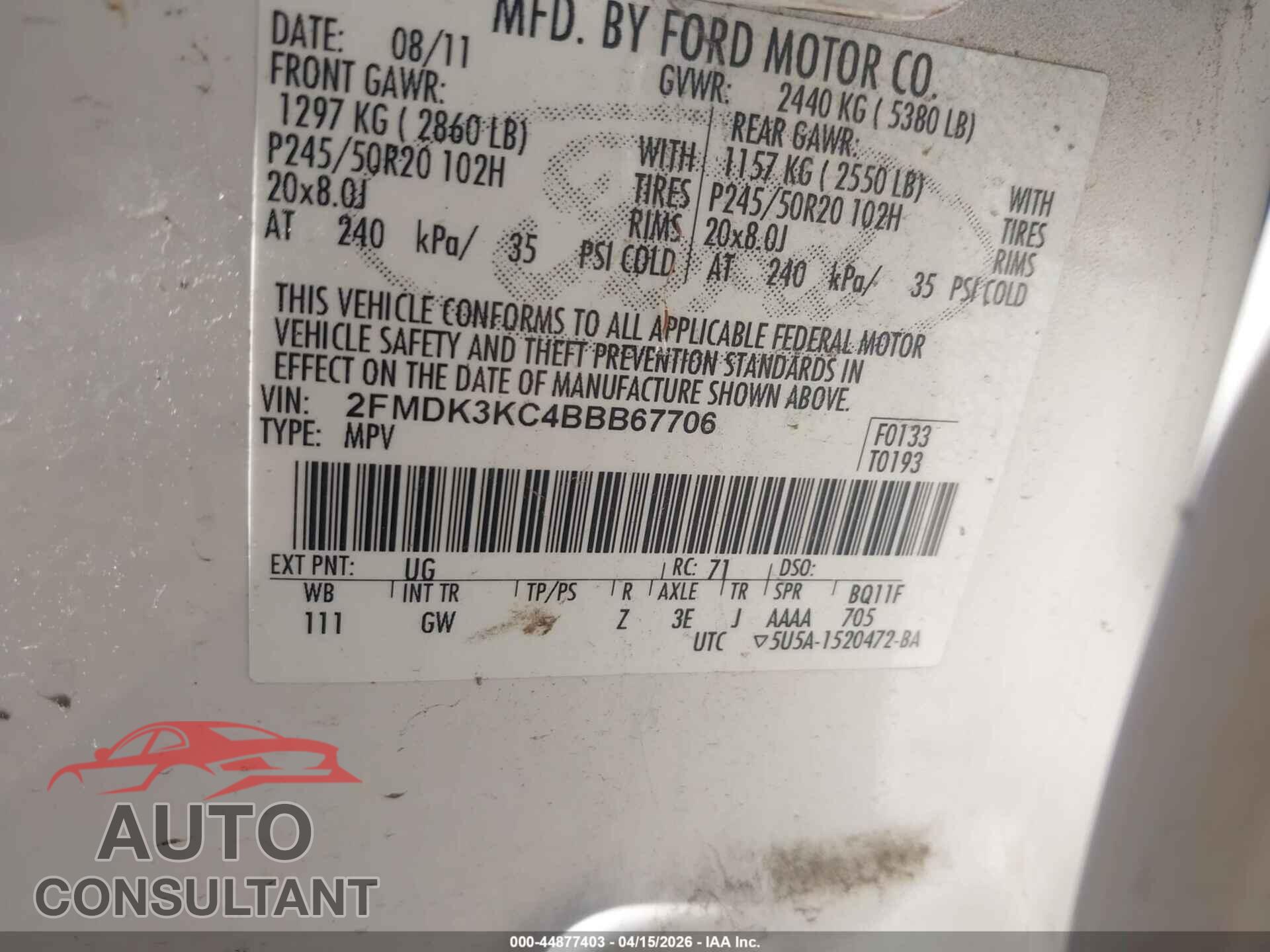 FORD EDGE 2011 - 2FMDK3KC4BBB67706