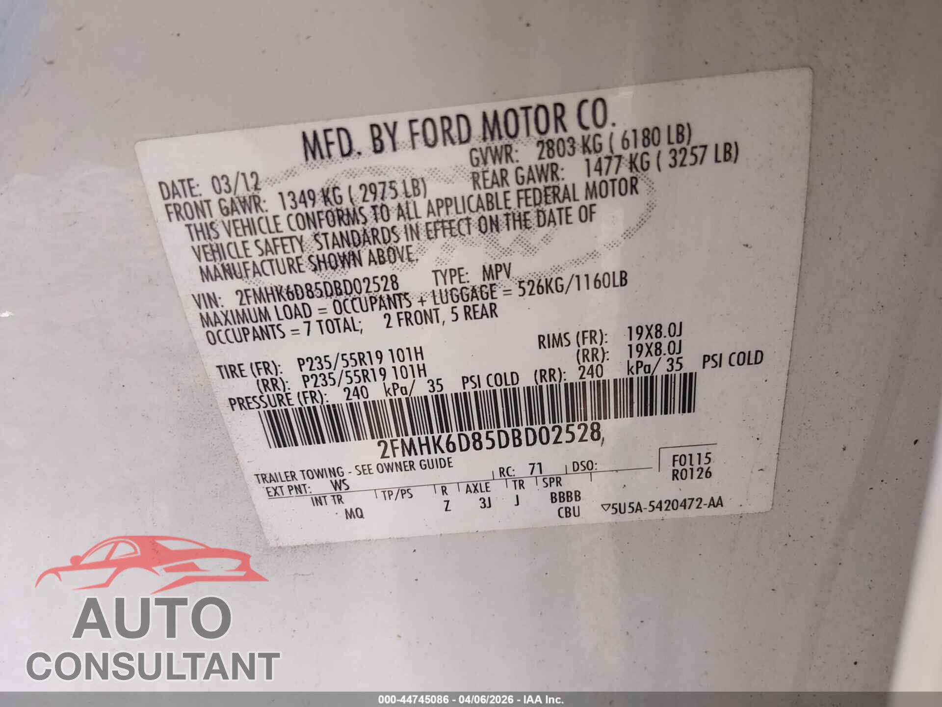 FORD FLEX 2013 - 2FMHK6D85DBD02528
