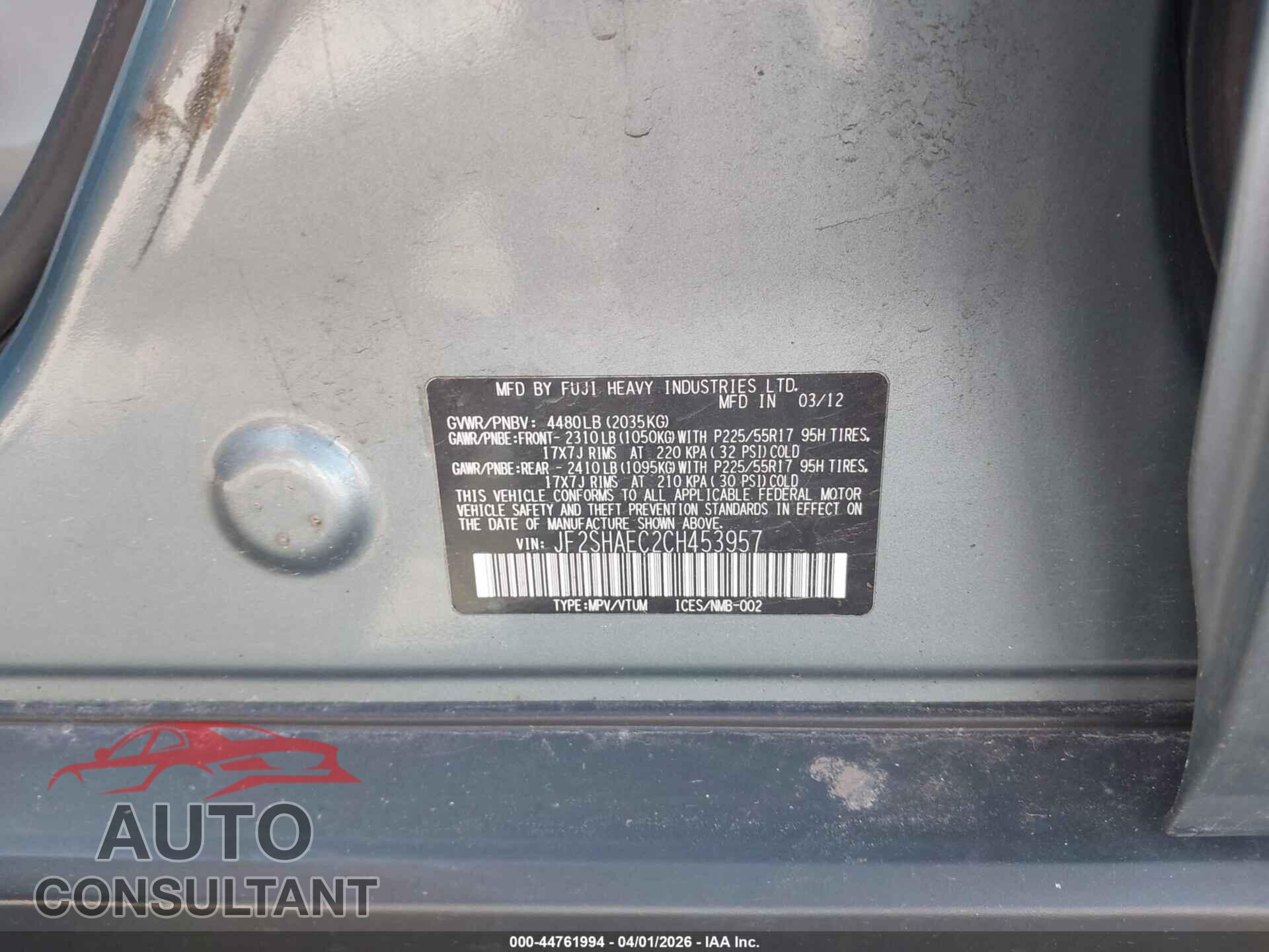 SUBARU FORESTER 2012 - JF2SHAEC2CH453957
