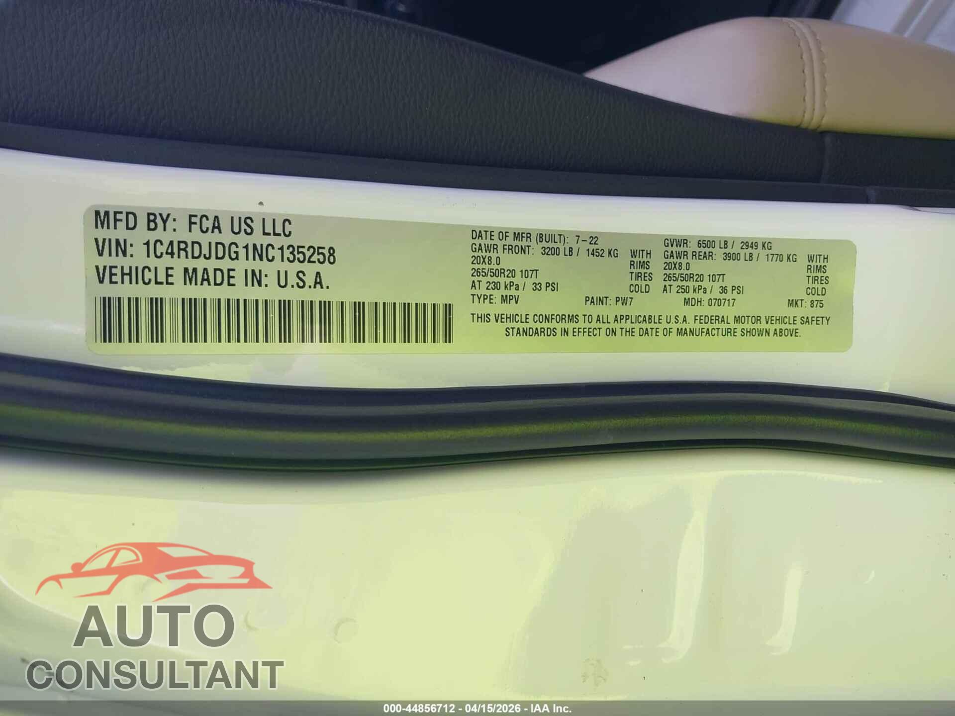 DODGE DURANGO 2022 - 1C4RDJDG1NC135258