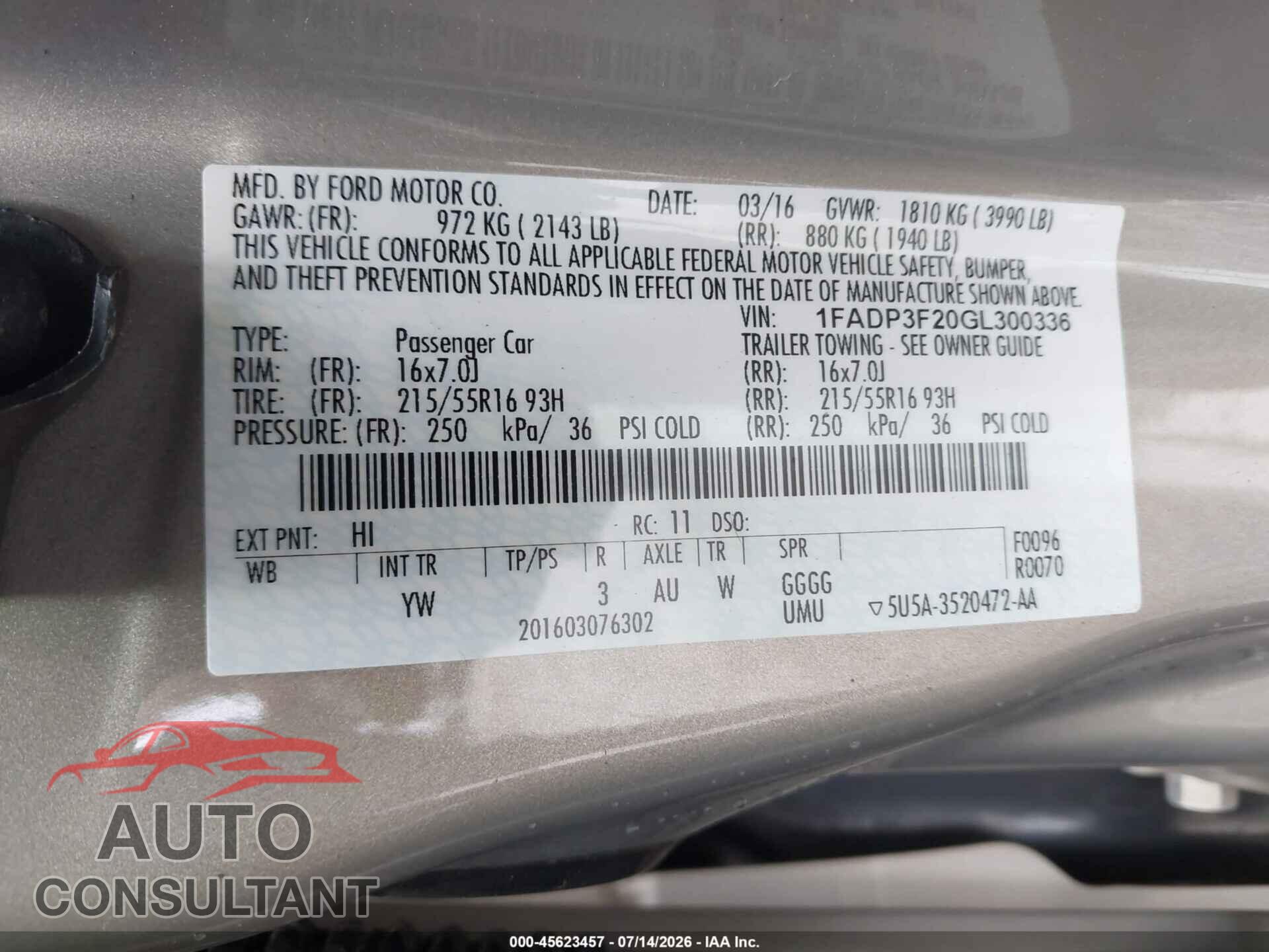 FORD FOCUS 2016 - 1FADP3F20GL300336