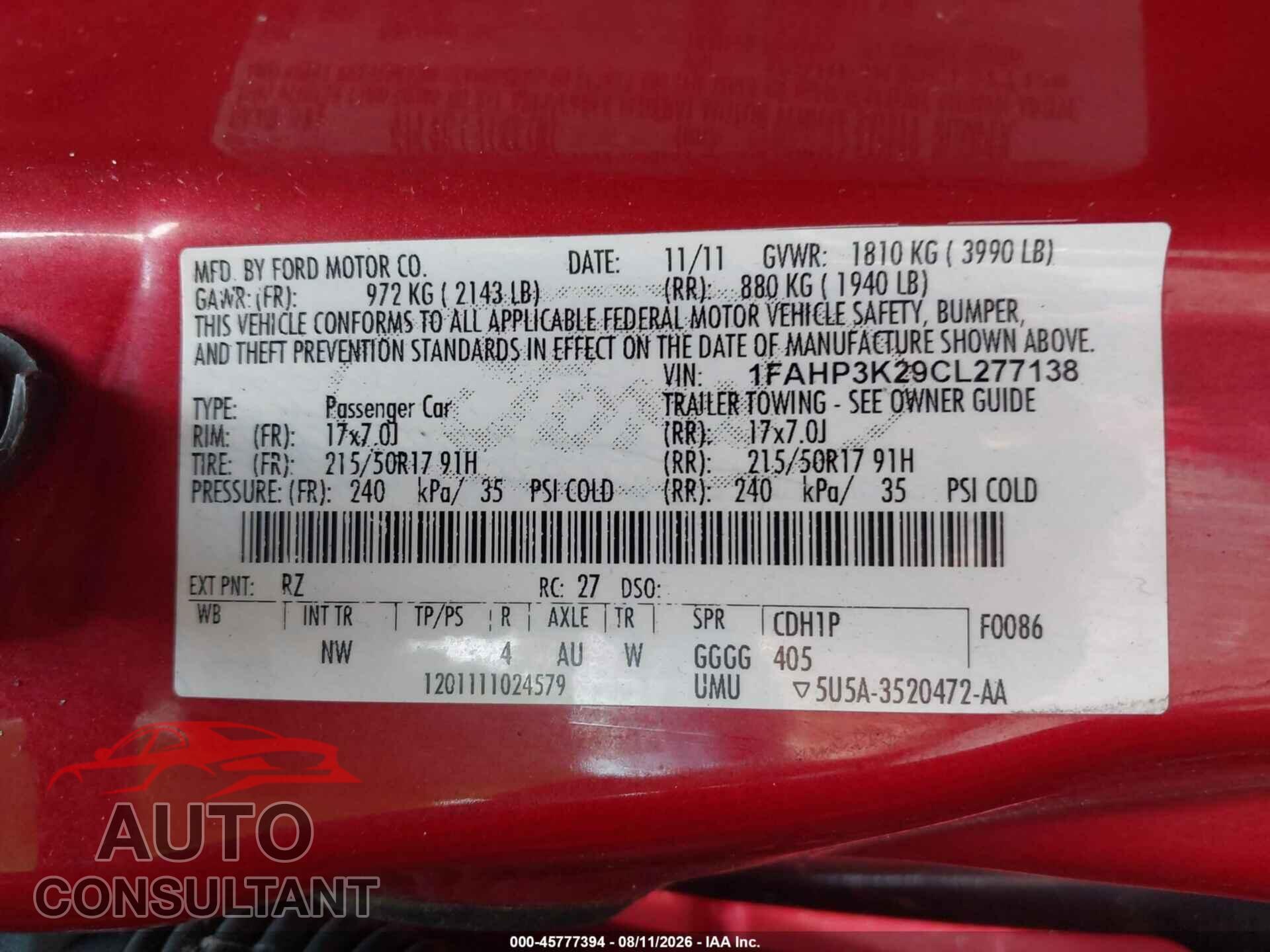 FORD FOCUS 2012 - 1FAHP3K29CL277138