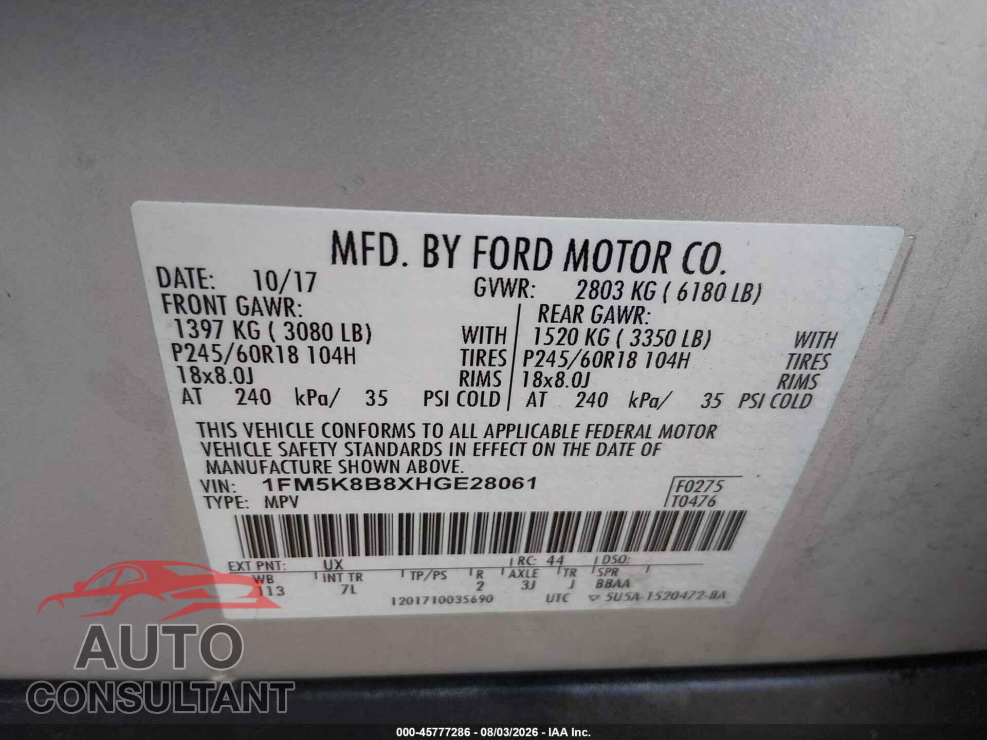 FORD EXPLORER 2017 - 1FM5K8B8XHGE28061
