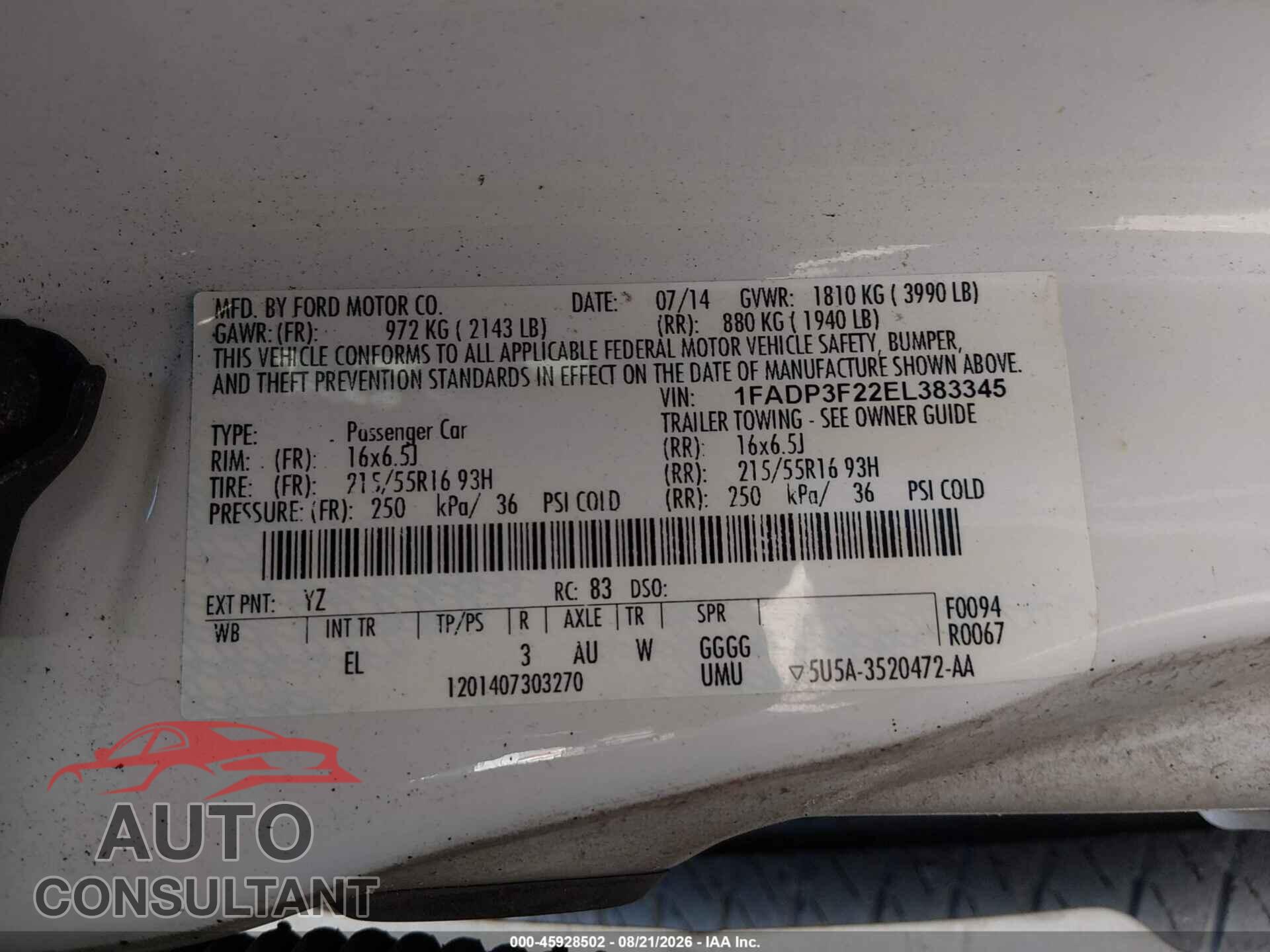 FORD FOCUS 2014 - 1FADP3F22EL383345