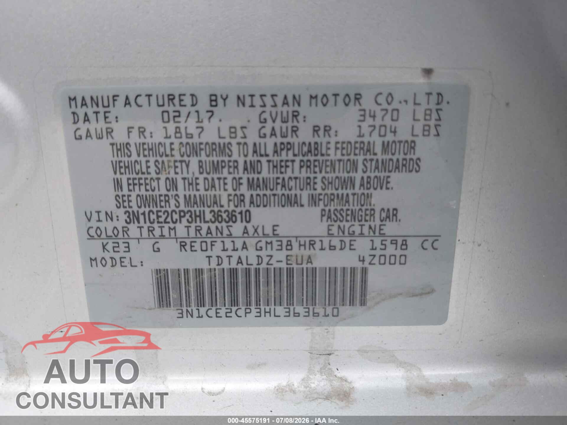 NISSAN VERSA NOTE 2017 - 3N1CE2CP3HL363610
