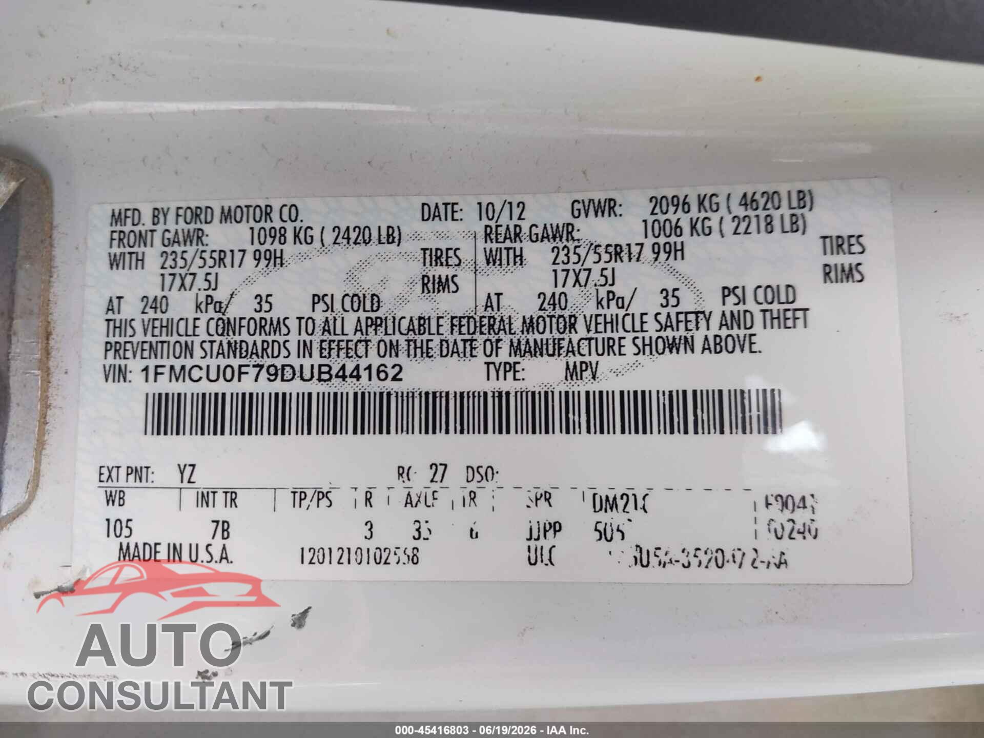FORD ESCAPE 2013 - 1FMCU0F79DUB44162