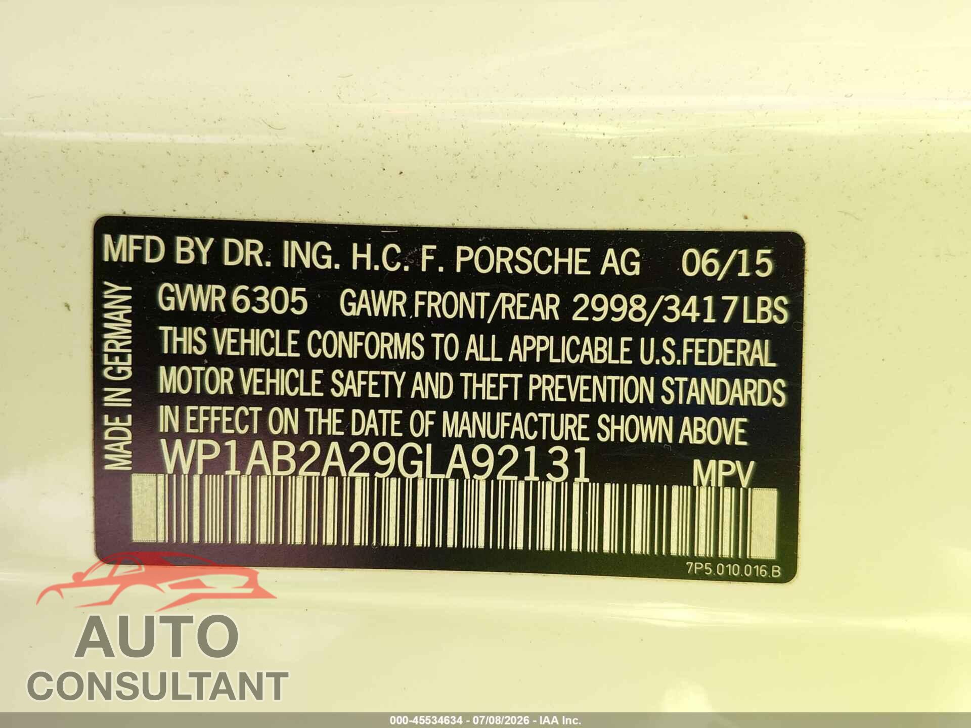 PORSCHE CAYENNE 2016 - WP1AB2A29GLA92131