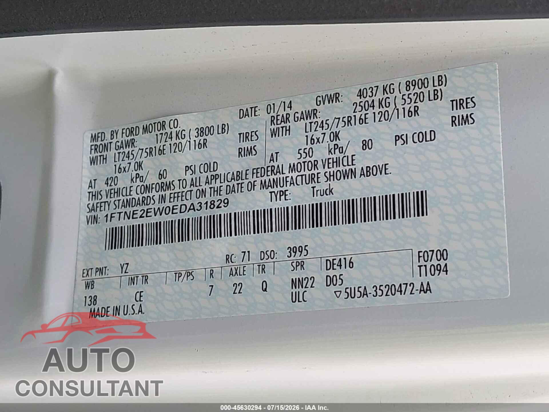 FORD E-250 2014 - 1FTNE2EW0EDA31829