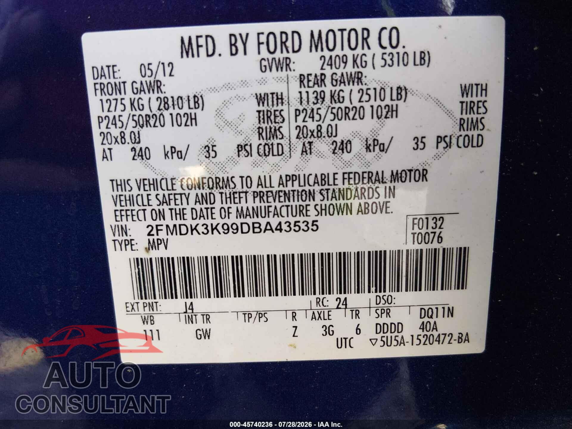 FORD EDGE 2013 - 2FMDK3K99DBA43535