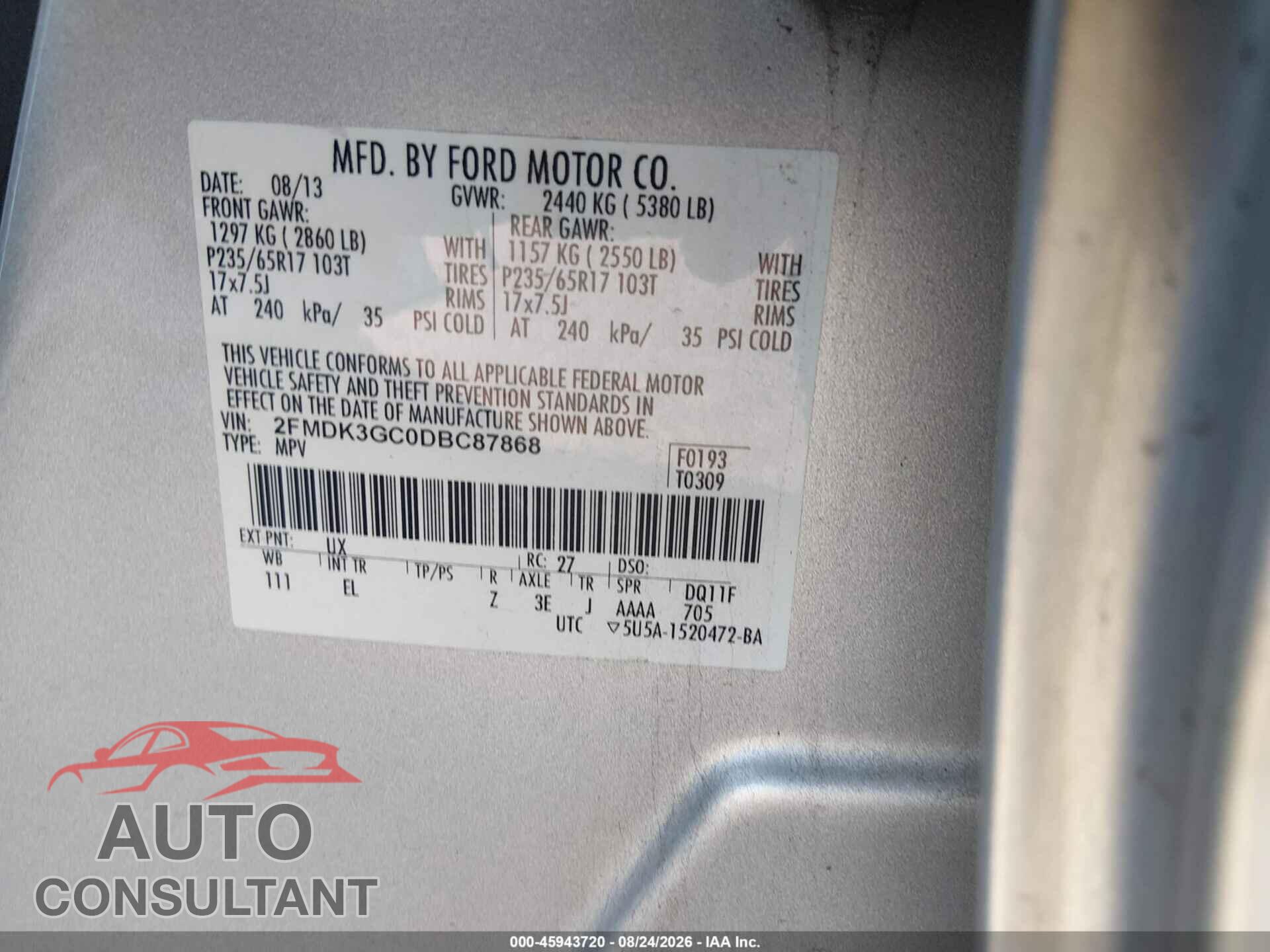FORD EDGE 2013 - 2FMDK3GC0DBC87868