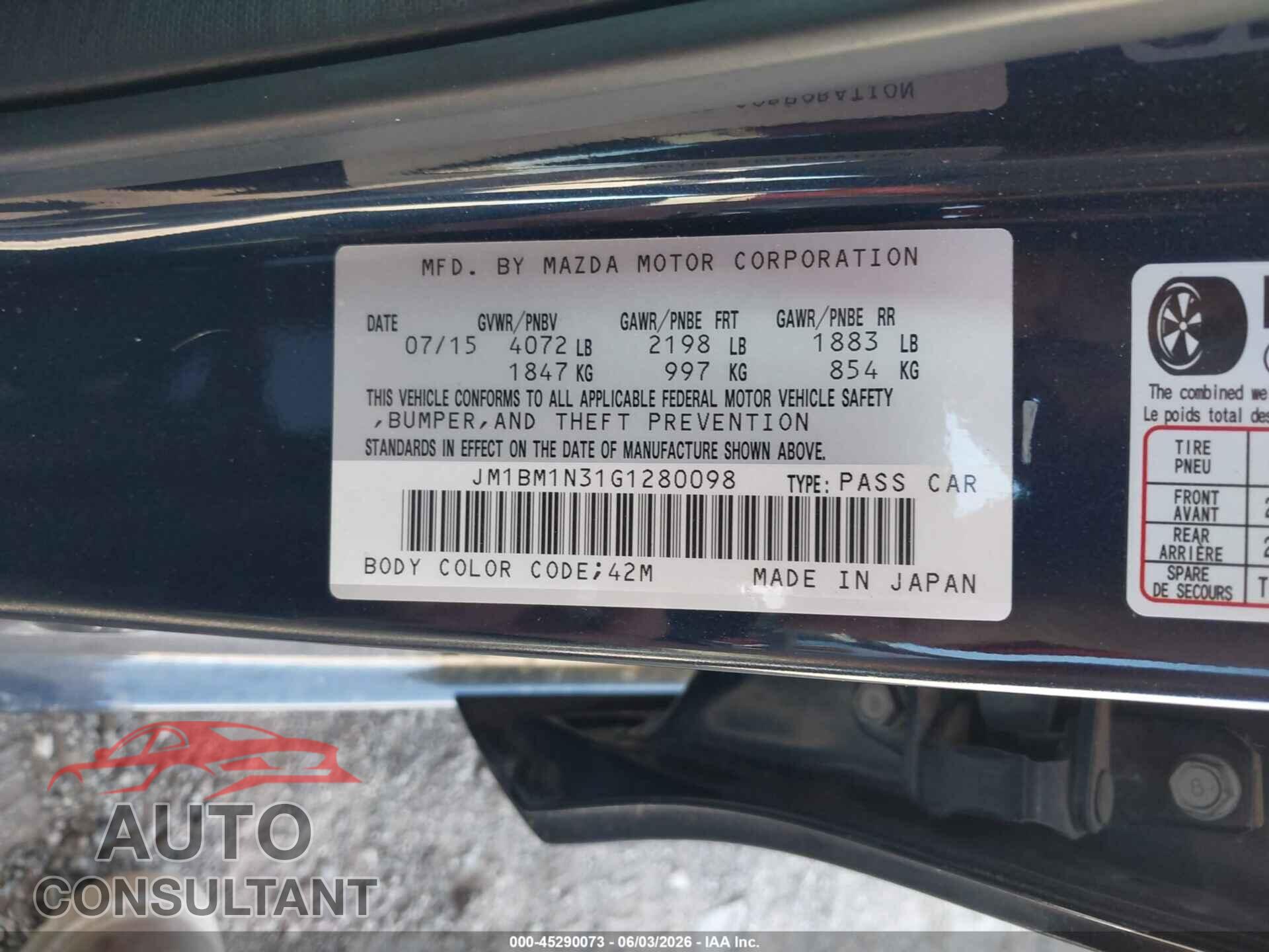 MAZDA MAZDA3 2016 - JM1BM1N31G1280098