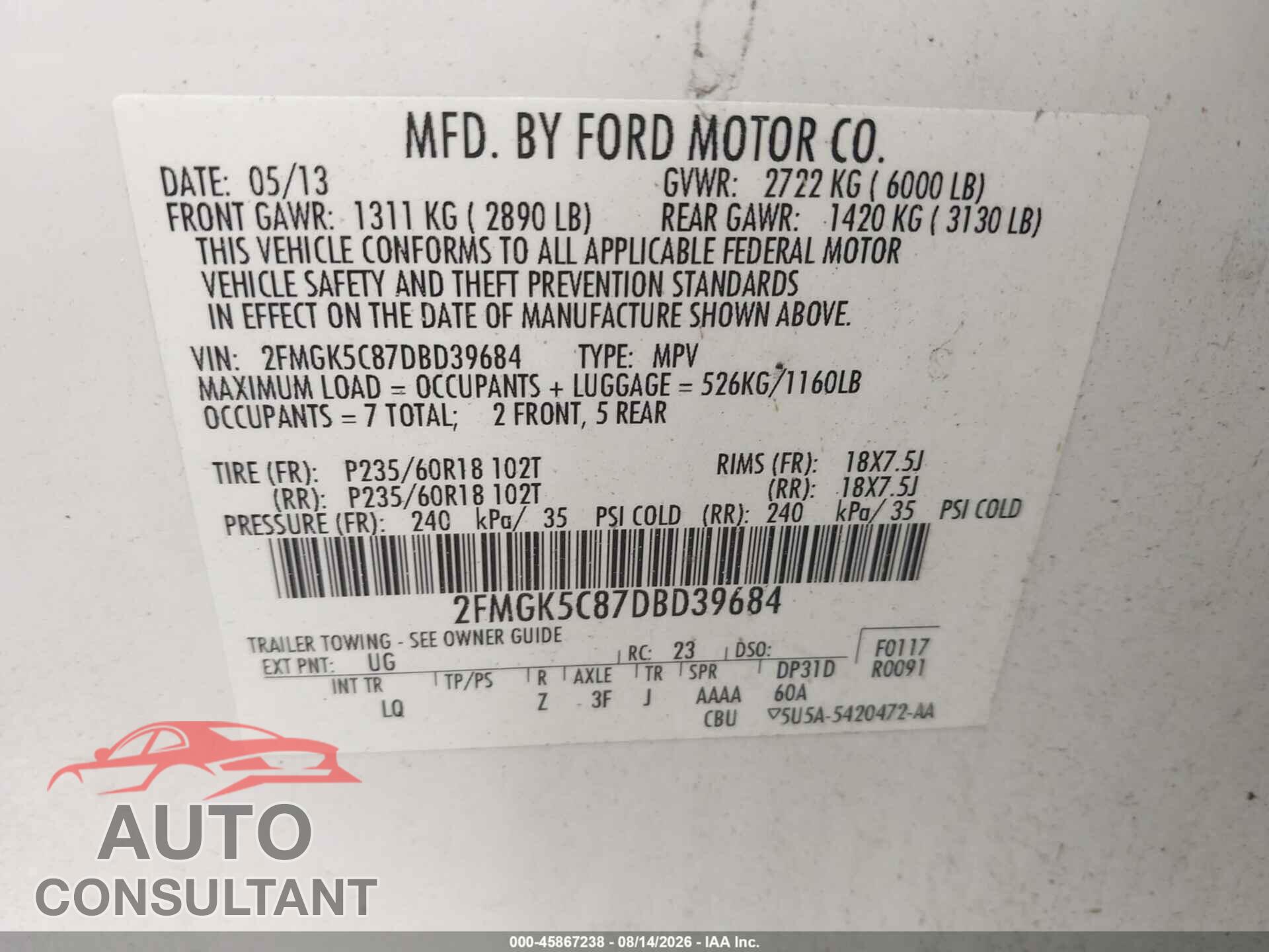 FORD FLEX 2013 - 2FMGK5C87DBD39684