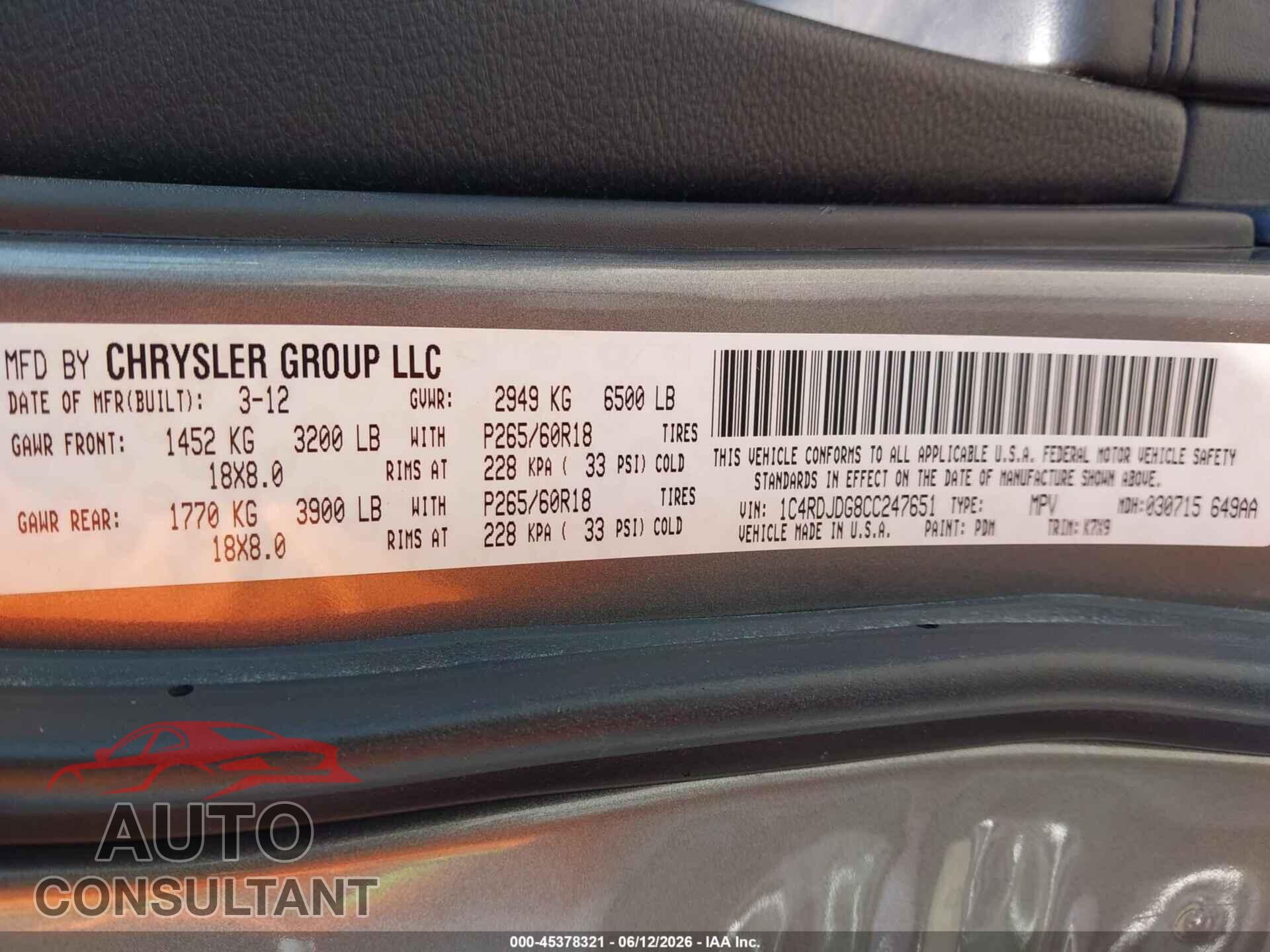 DODGE DURANGO 2012 - 1C4RDJDG8CC247651