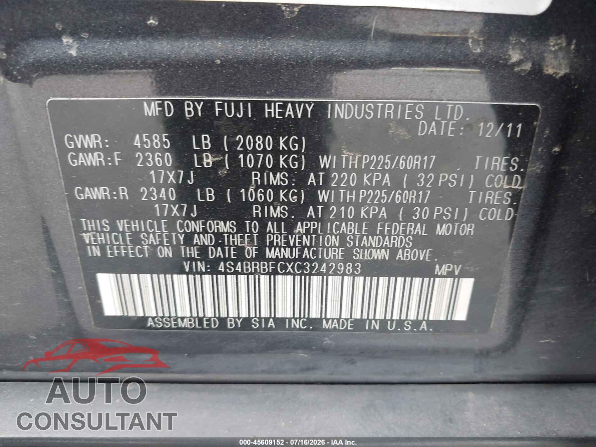 SUBARU OUTBACK 2012 - 4S4BRBFCXC3242983