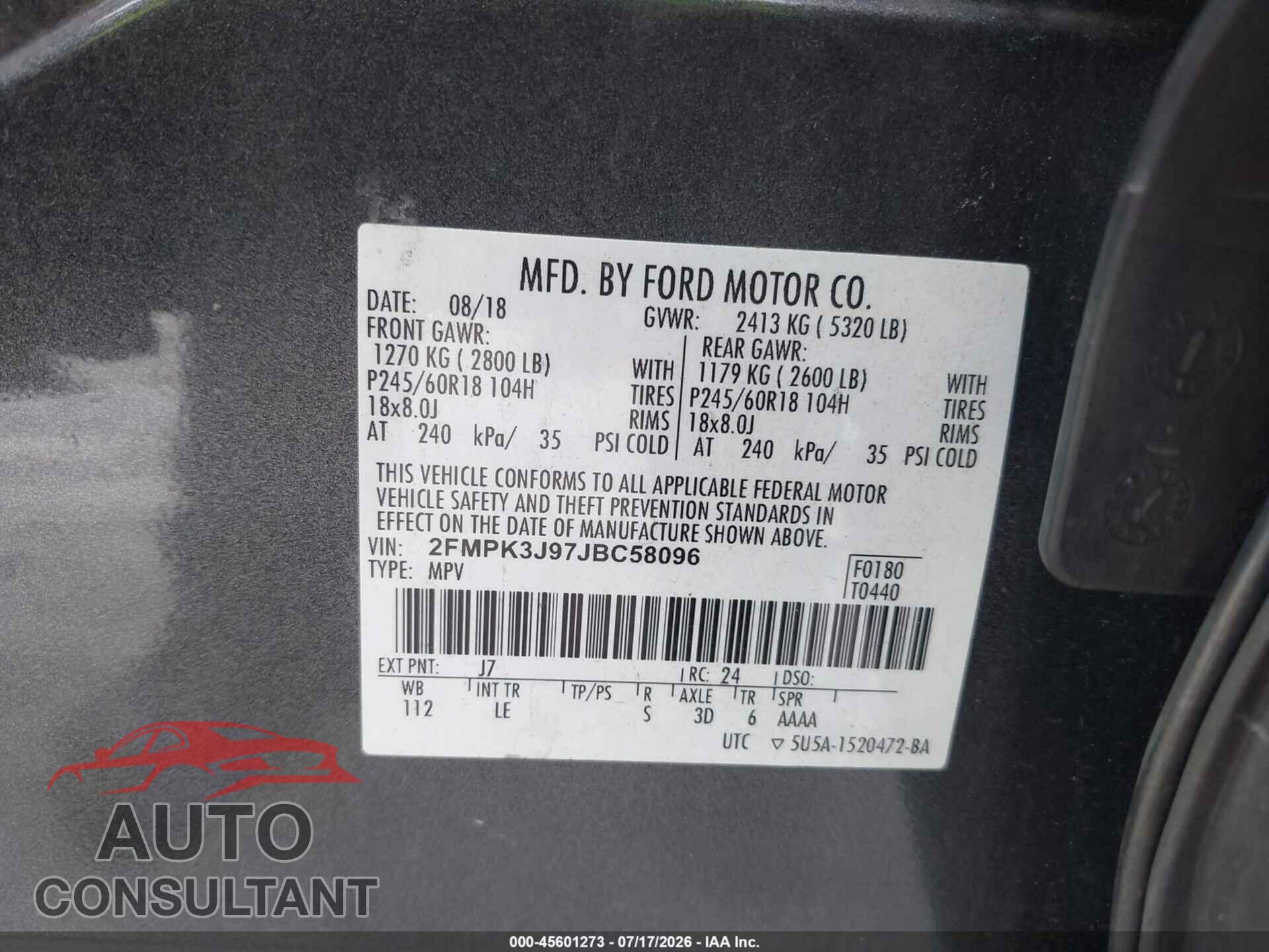 FORD EDGE 2018 - 2FMPK3J97JBC58096