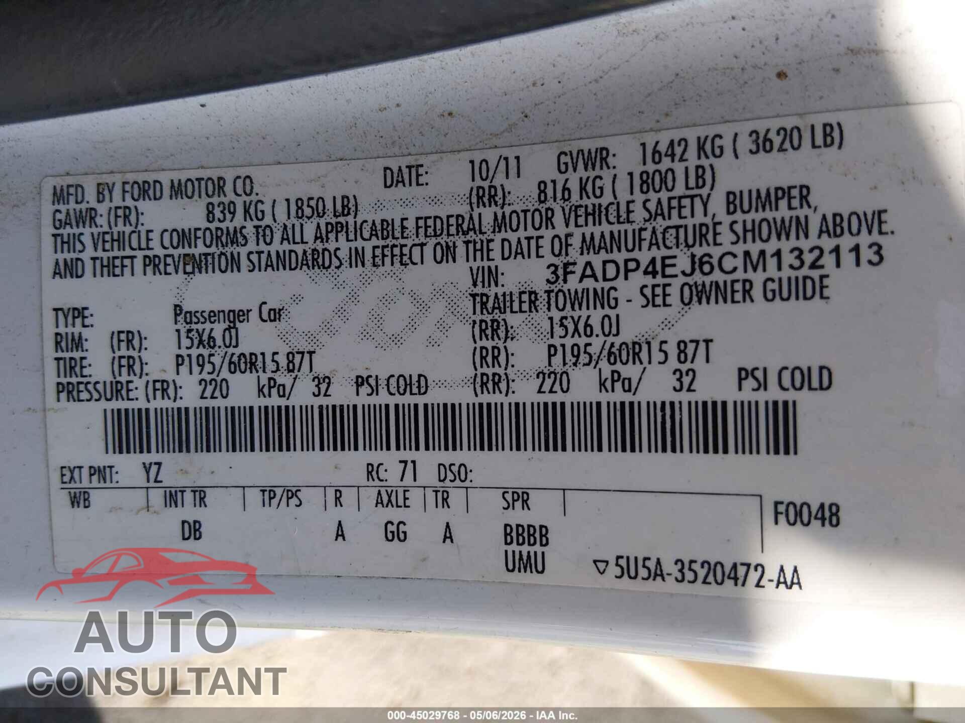 FORD FIESTA 2012 - 3FADP4EJ6CM132113