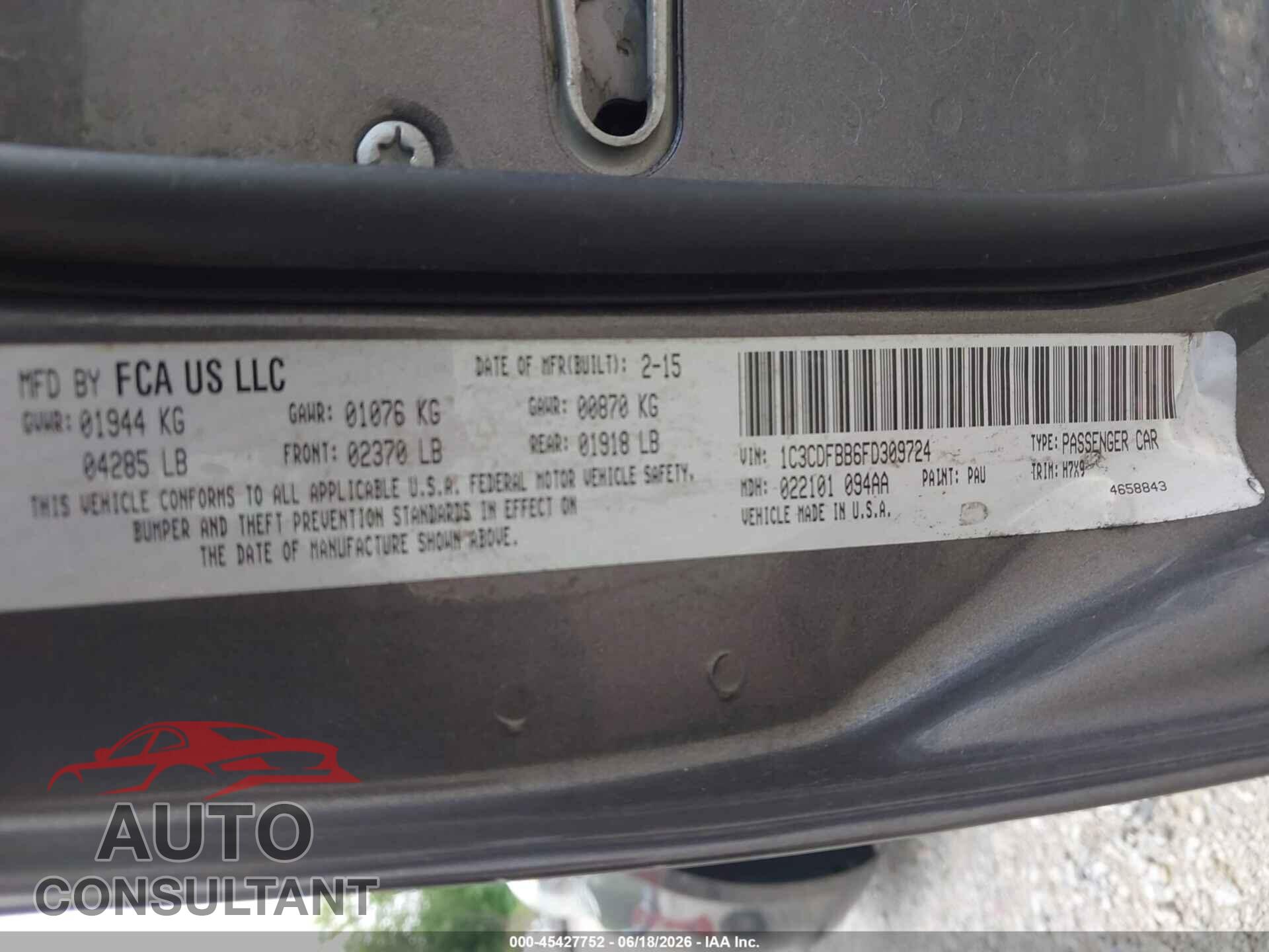 DODGE DART 2015 - 1C3CDFBB6FD309724