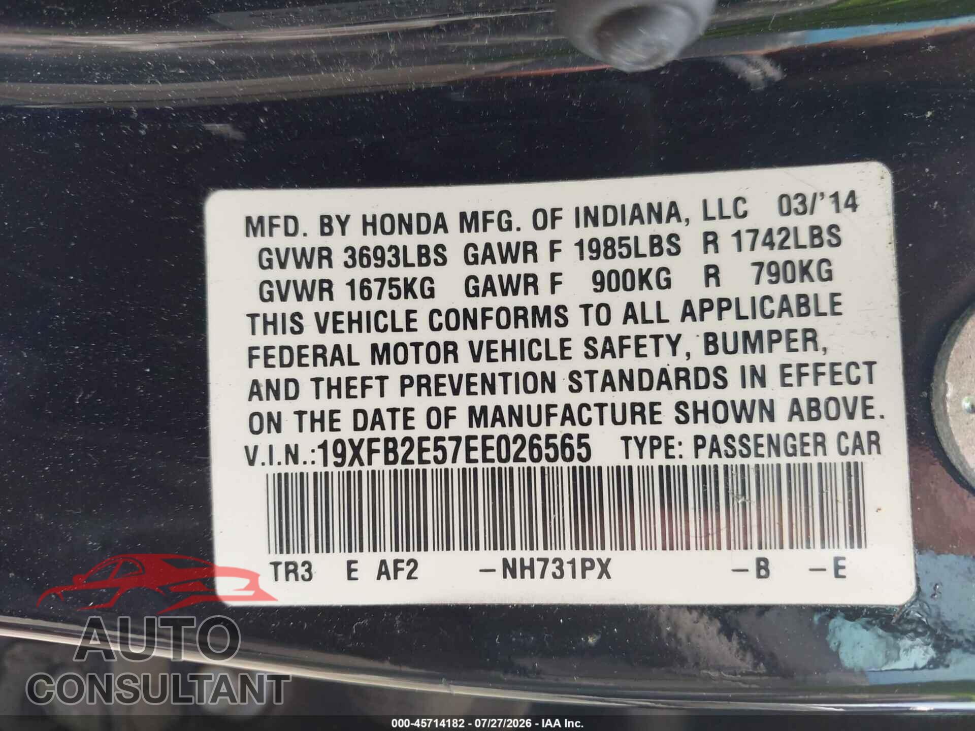 HONDA CIVIC 2014 - 19XFB2E57EE026565