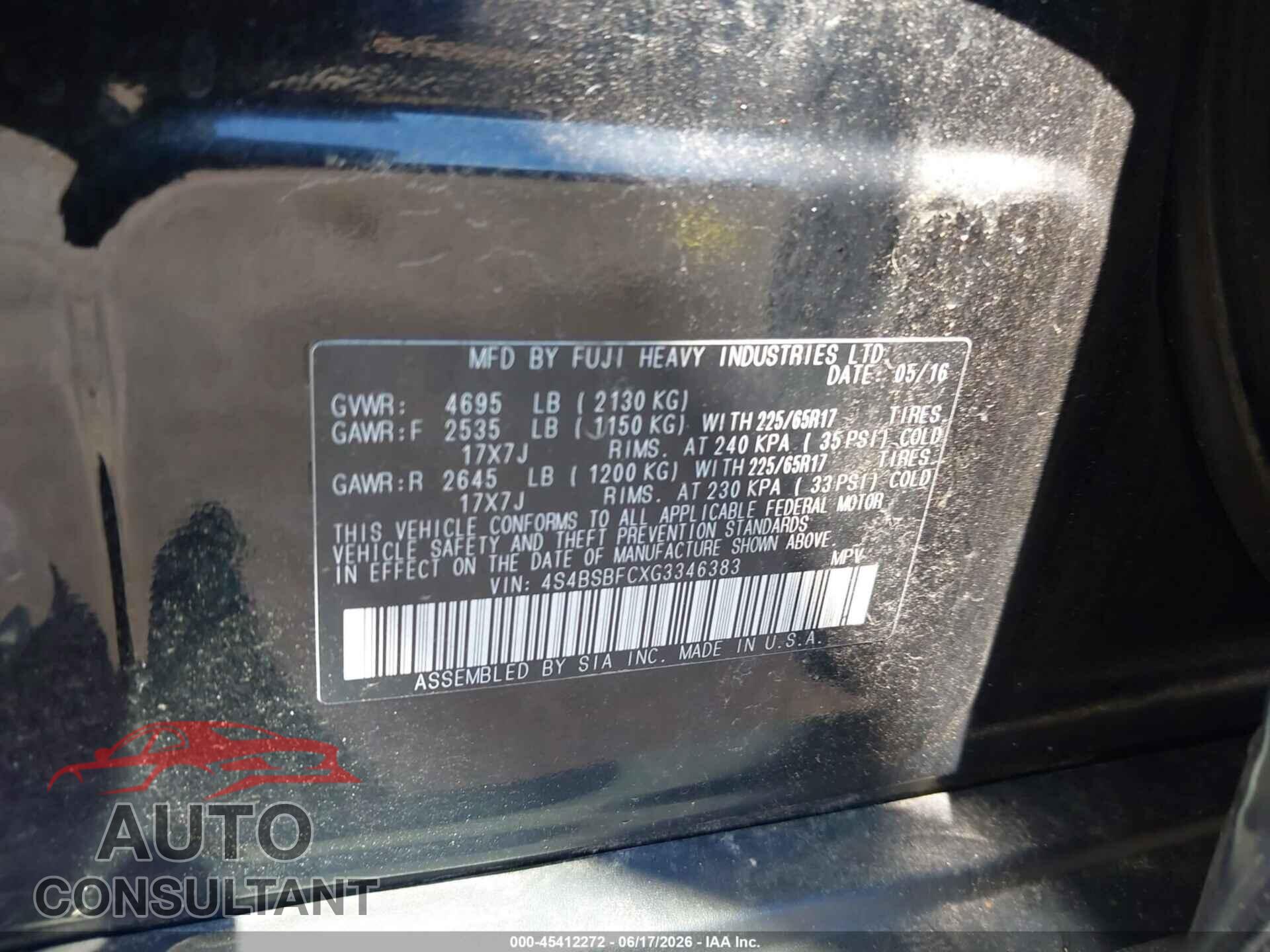 SUBARU OUTBACK 2016 - 4S4BSBFCXG3346383