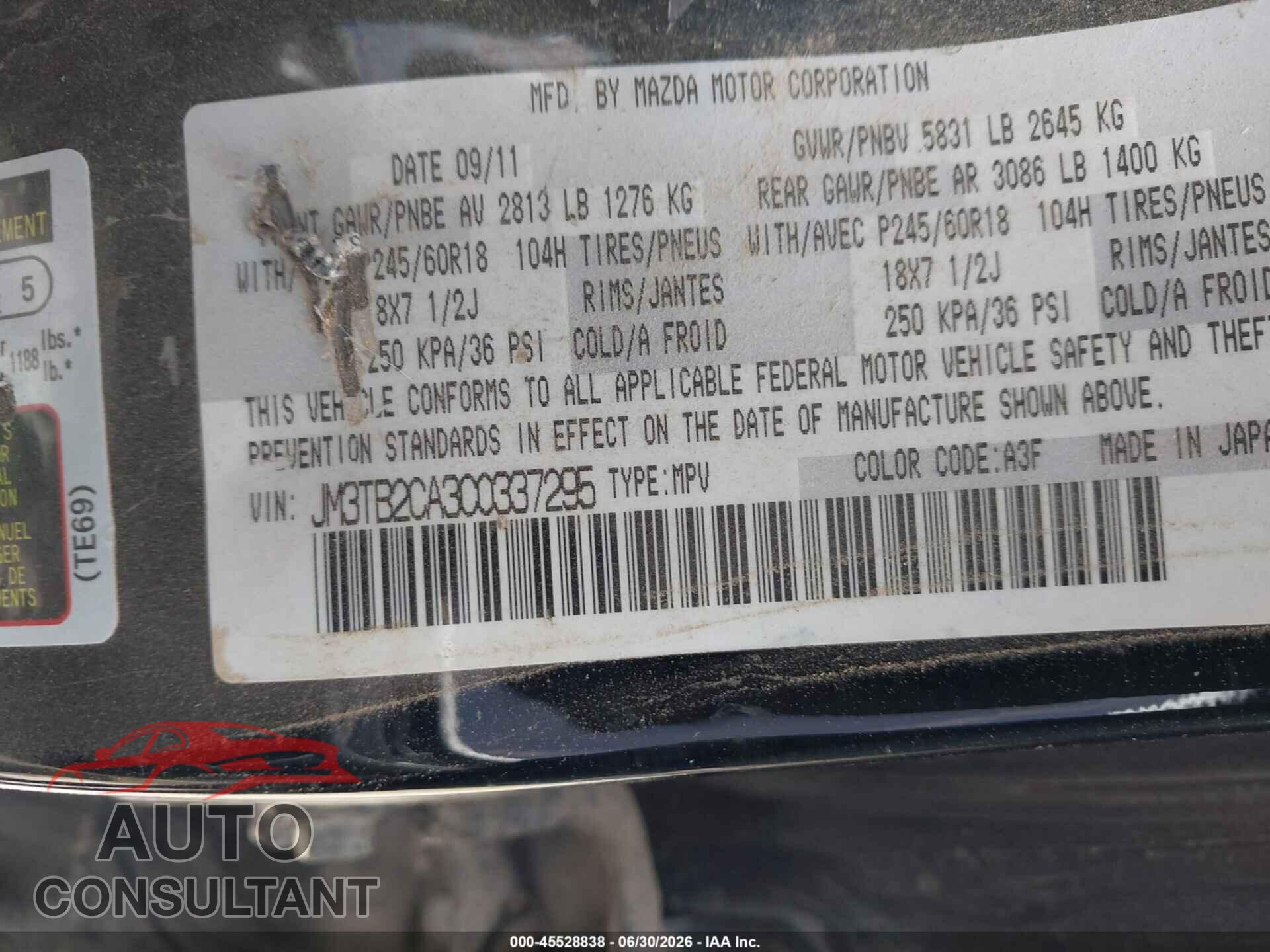 MAZDA CX-9 2012 - JM3TB2CA3C0337295
