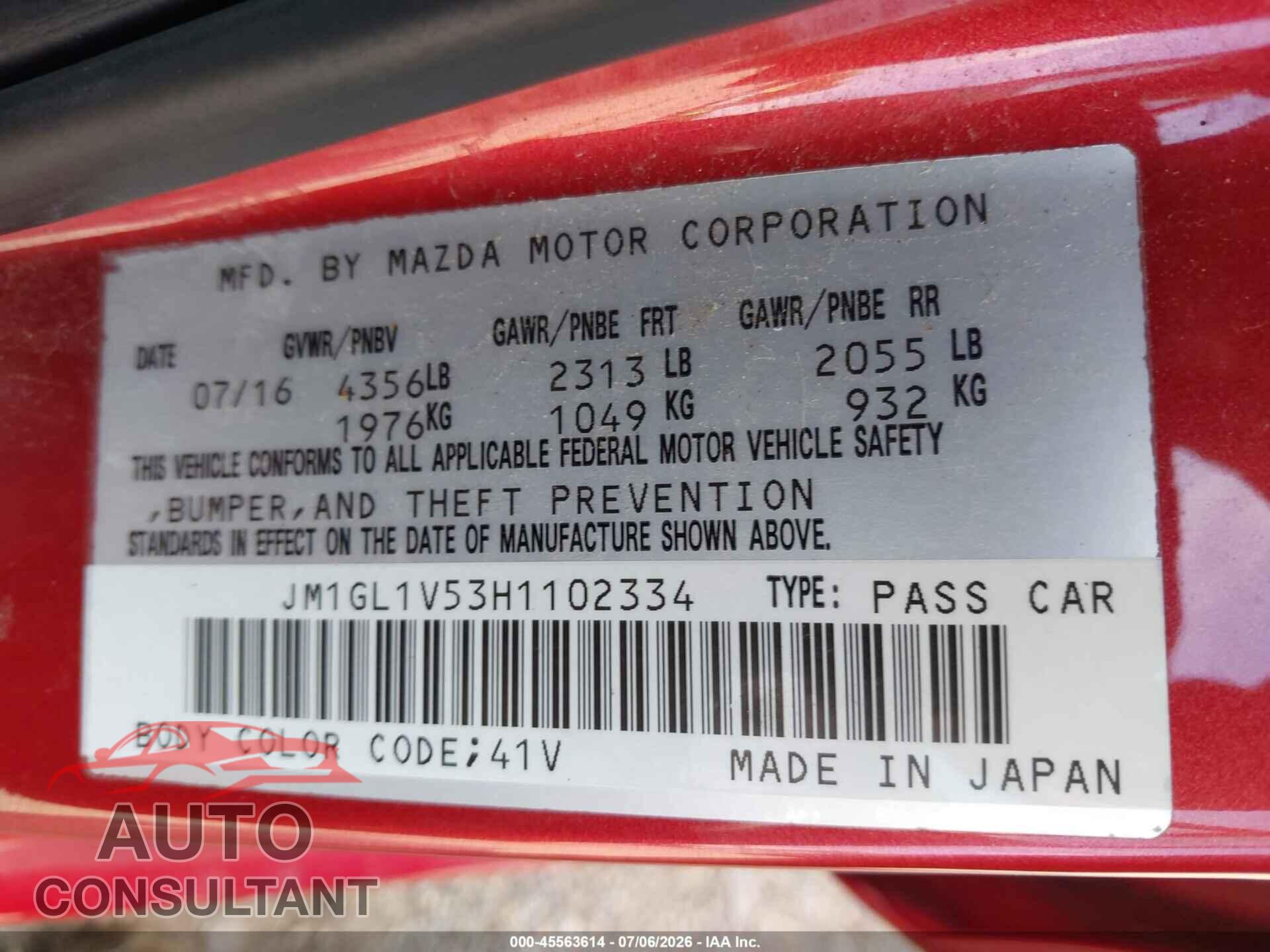 MAZDA MAZDA6 2017 - JM1GL1V53H1102334