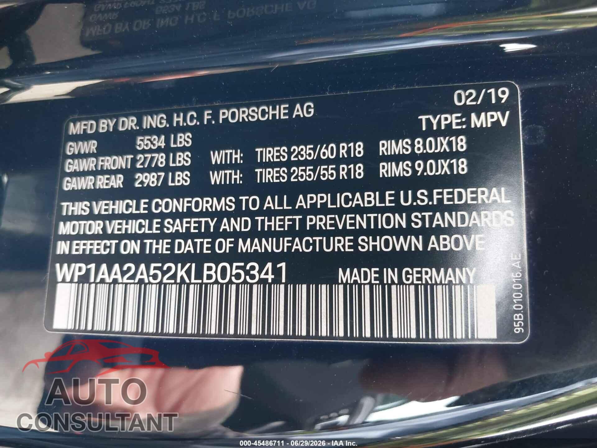 PORSCHE MACAN 2019 - WP1AA2A52KLB05341