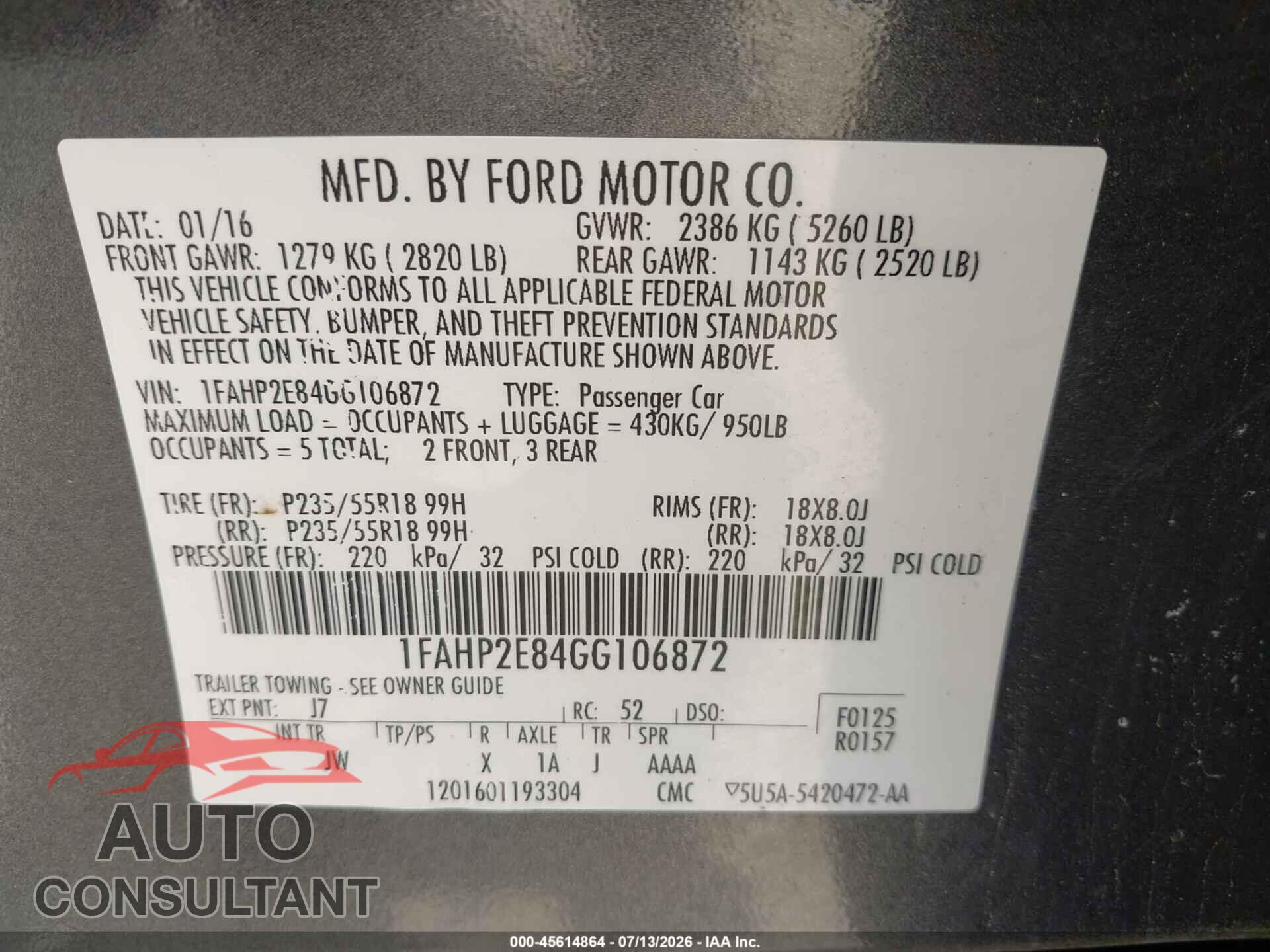 FORD TAURUS 2016 - 1FAHP2E84GG106872