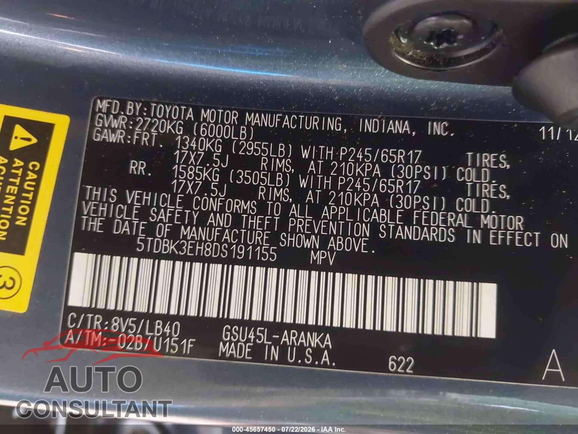 TOYOTA HIGHLANDER 2013 - 5TDBK3EH8DS191155