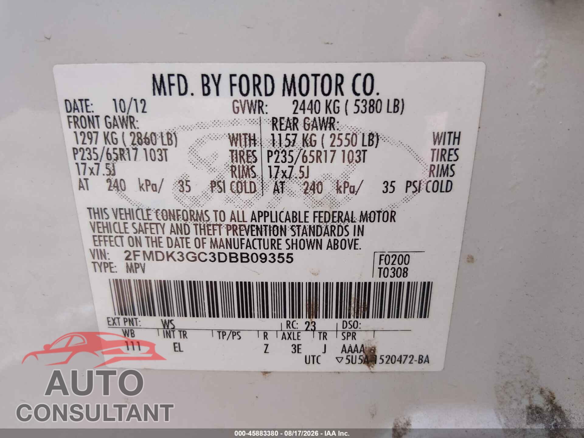 FORD EDGE 2013 - 2FMDK3GC3DBB09355
