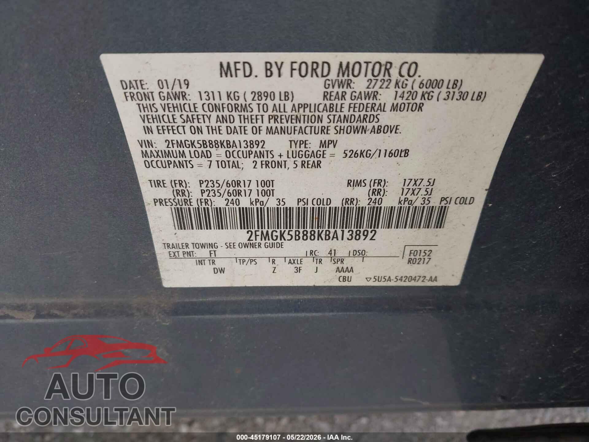 FORD FLEX 2019 - 2FMGK5B88KBA13892