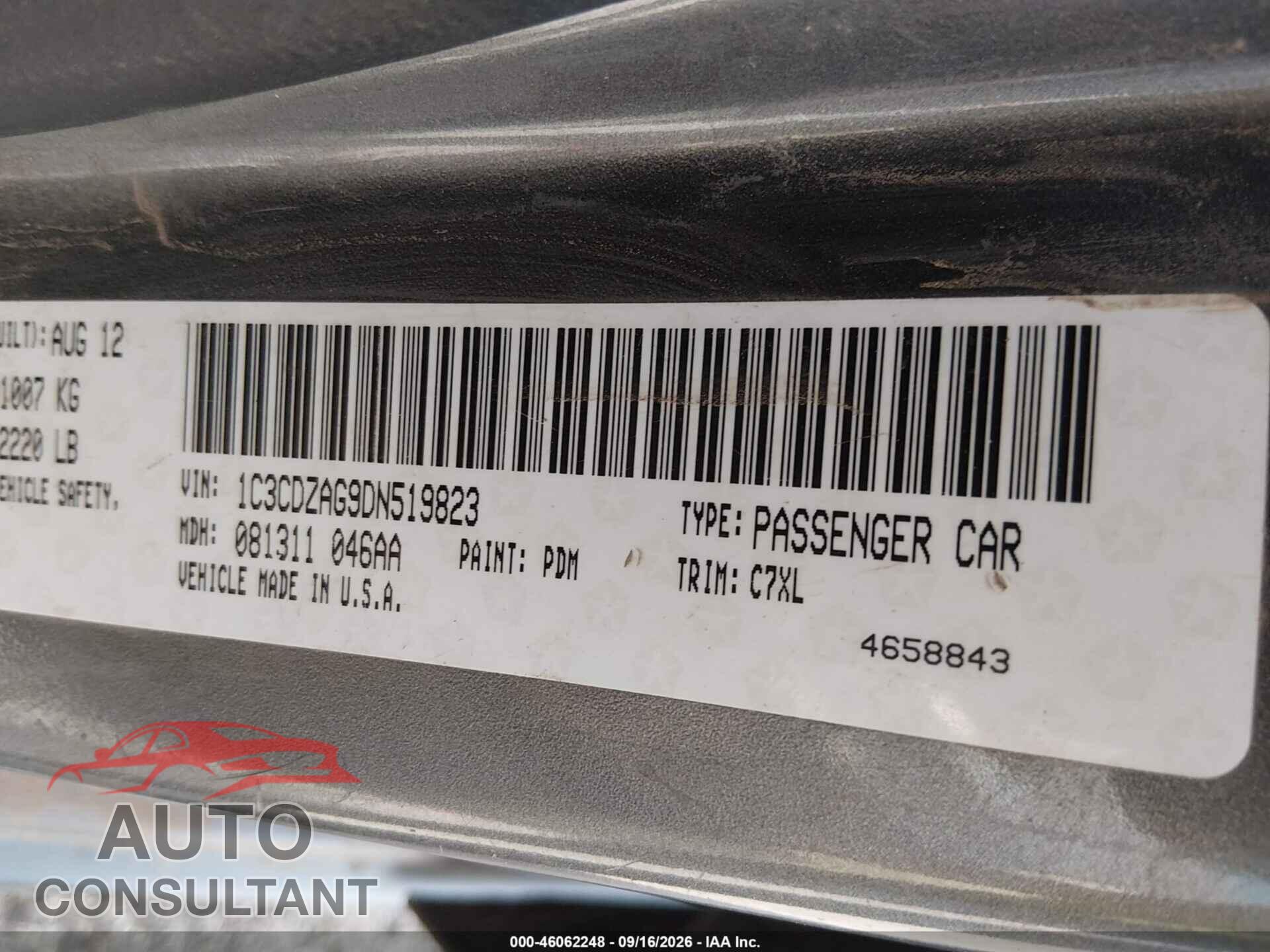 DODGE AVENGER 2013 - 1C3CDZAG9DN519823