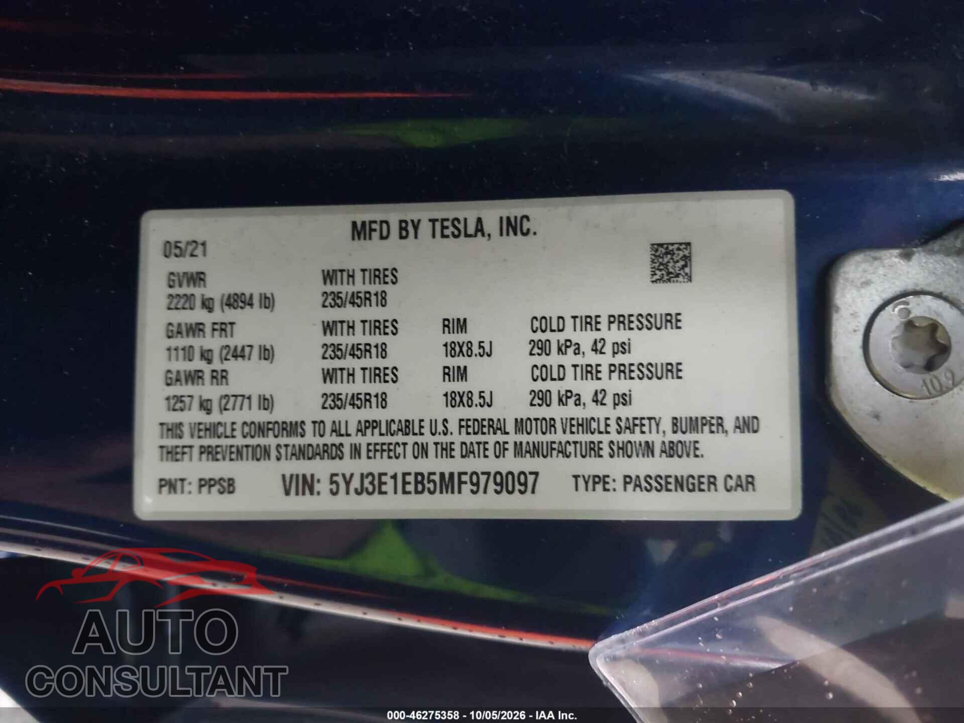 TESLA MODEL 3 2021 - 5YJ3E1EB5MF979097