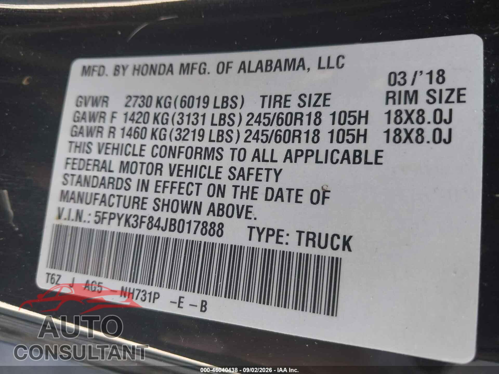 HONDA RIDGELINE 2018 - 5FPYK3F84JB017888