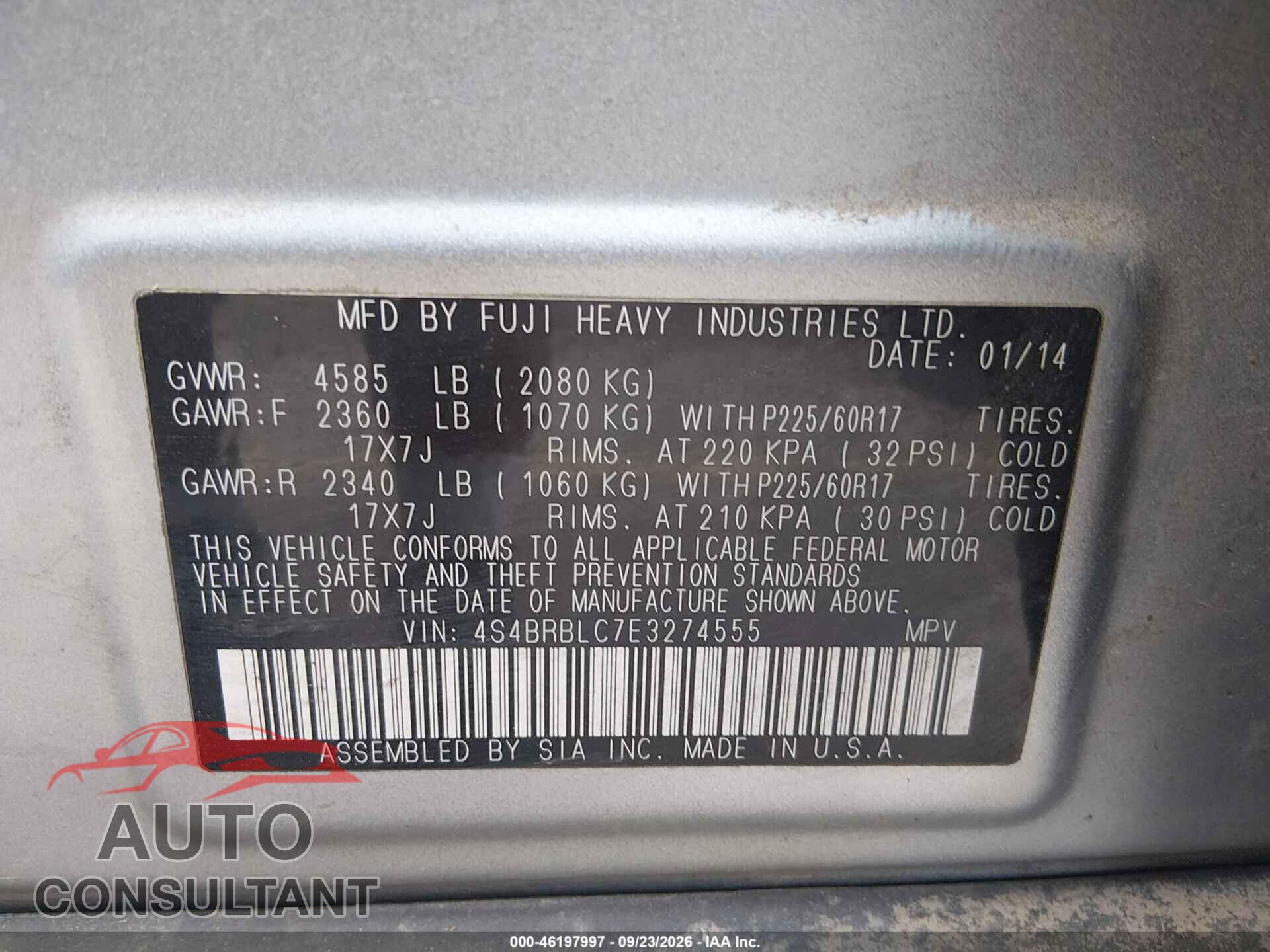 SUBARU OUTBACK 2014 - 4S4BRBLC7E3274555