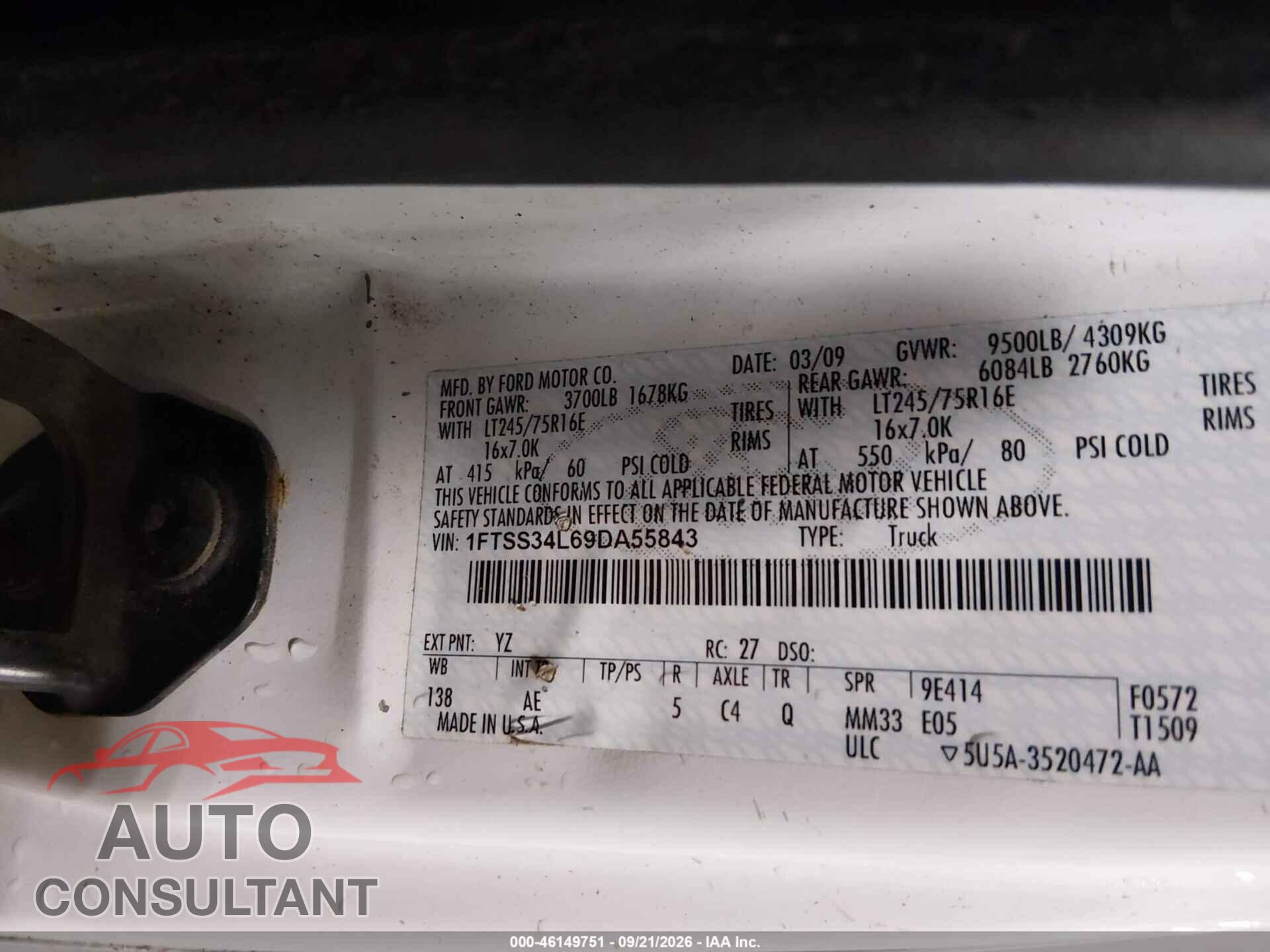 FORD ECONOLINE CARGO VAN 2009 - 1FTSS34L69DA55843