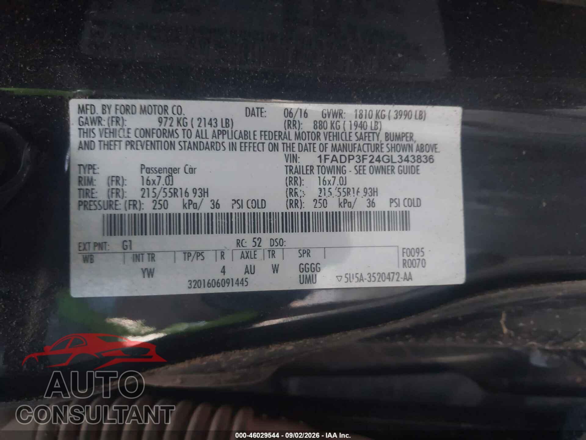 FORD FOCUS 2016 - 1FADP3F24GL343836